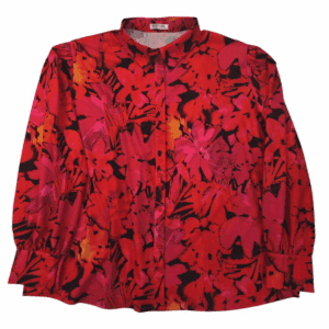 Red blouse with black floral pattern and gathered sleeves.