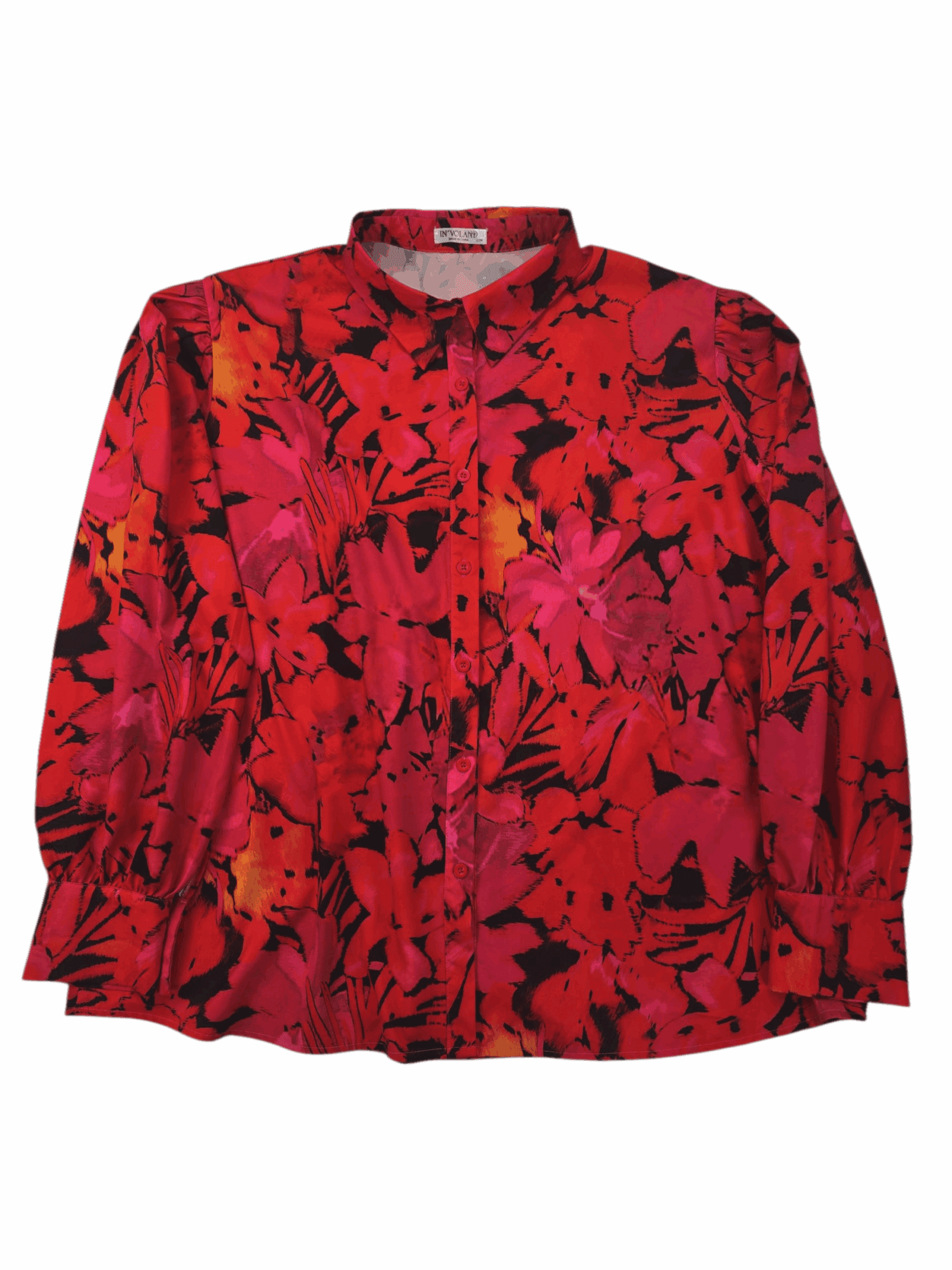 Red blouse with black floral pattern and gathered sleeves.