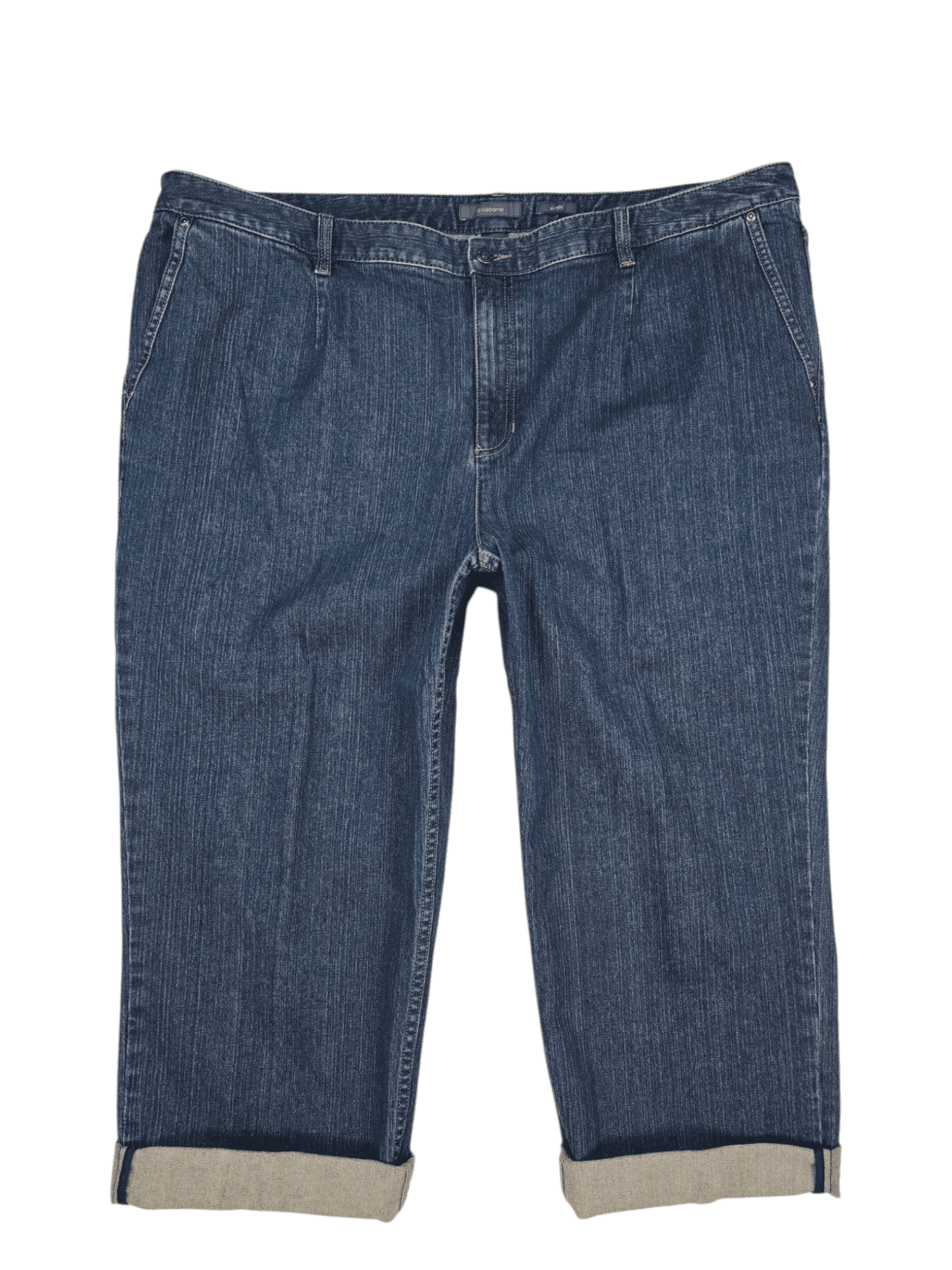 Front view of Liz Claiborne cropped denim pants in women’s size 22W showing button closure, front pockets, and cropped leg design.