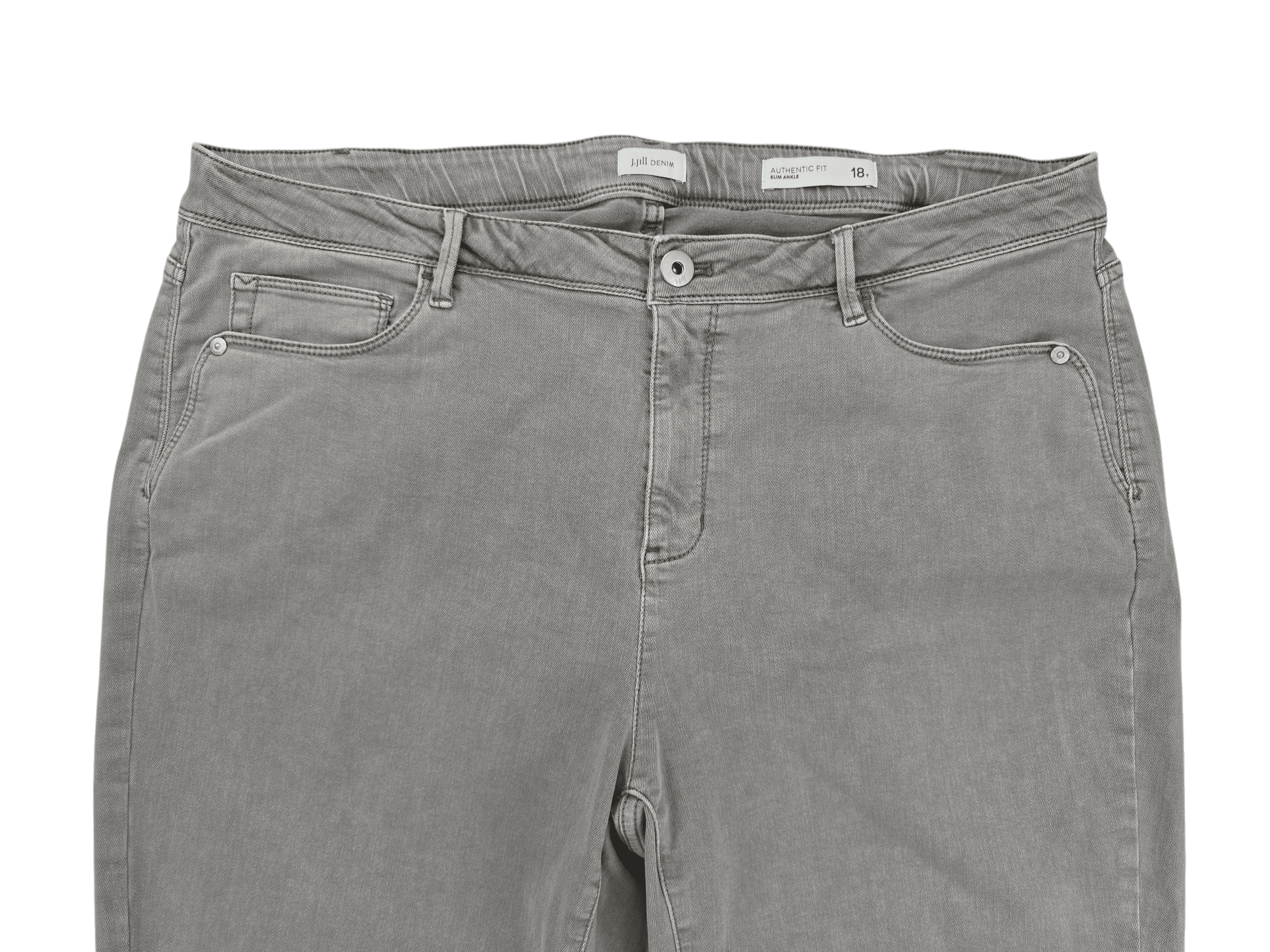 Close-up of green denim fabric and stitching on J. Jill Authentic Fit slim ankle jeans size 18T