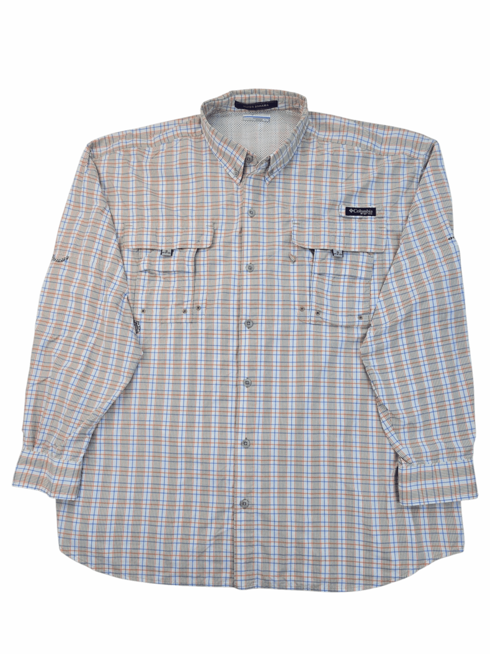 Long-sleeve checkered shirt with buttoned chest pockets.