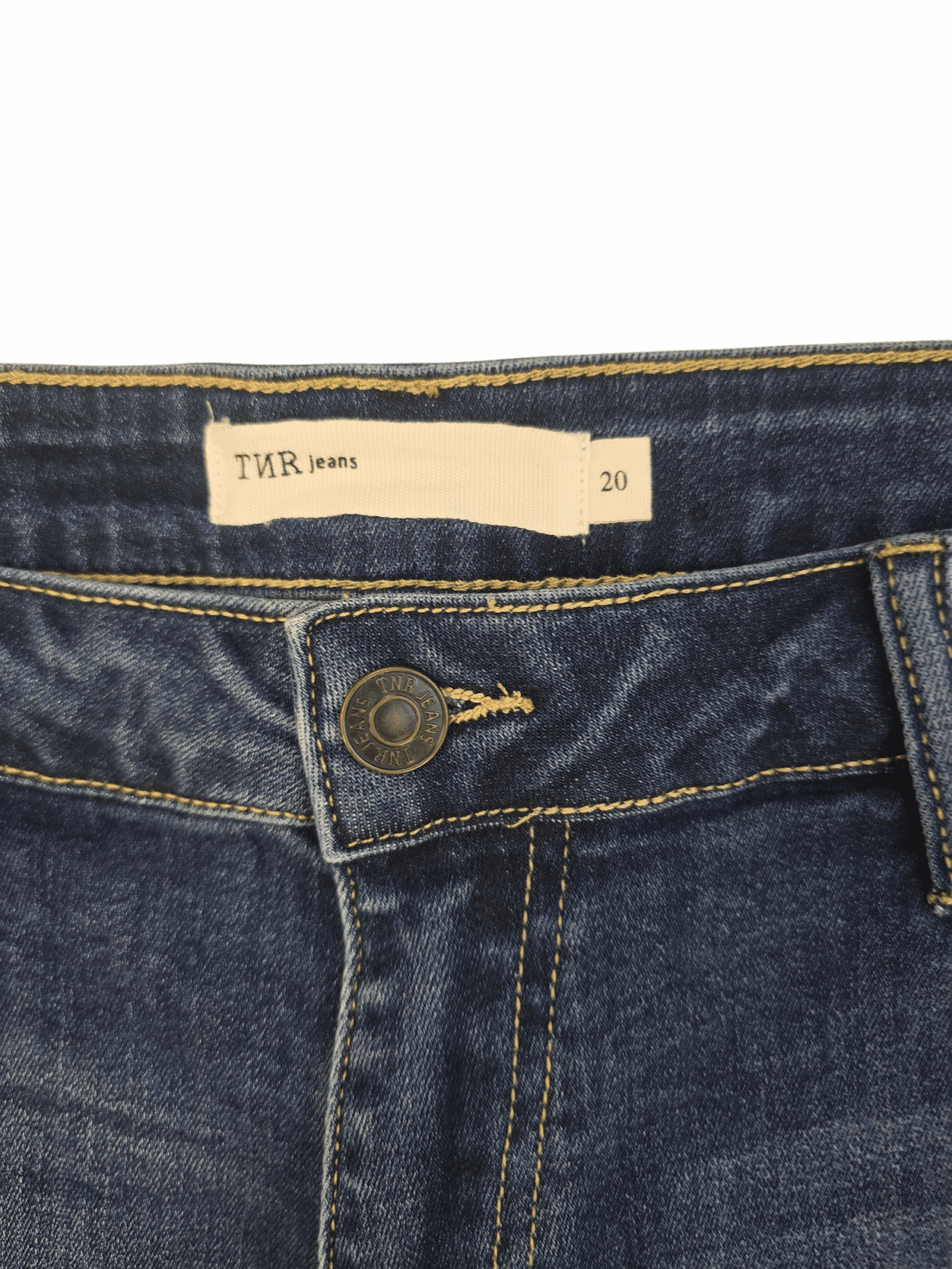 TNR brand and size tag on blue distressed tapered jeans women’s plus size 20