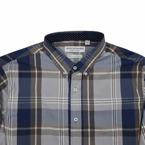 Close-up of Nick Graham “Everywhere Stretch” navy and brown plaid shirt showing collar, buttons, and fabric weave.