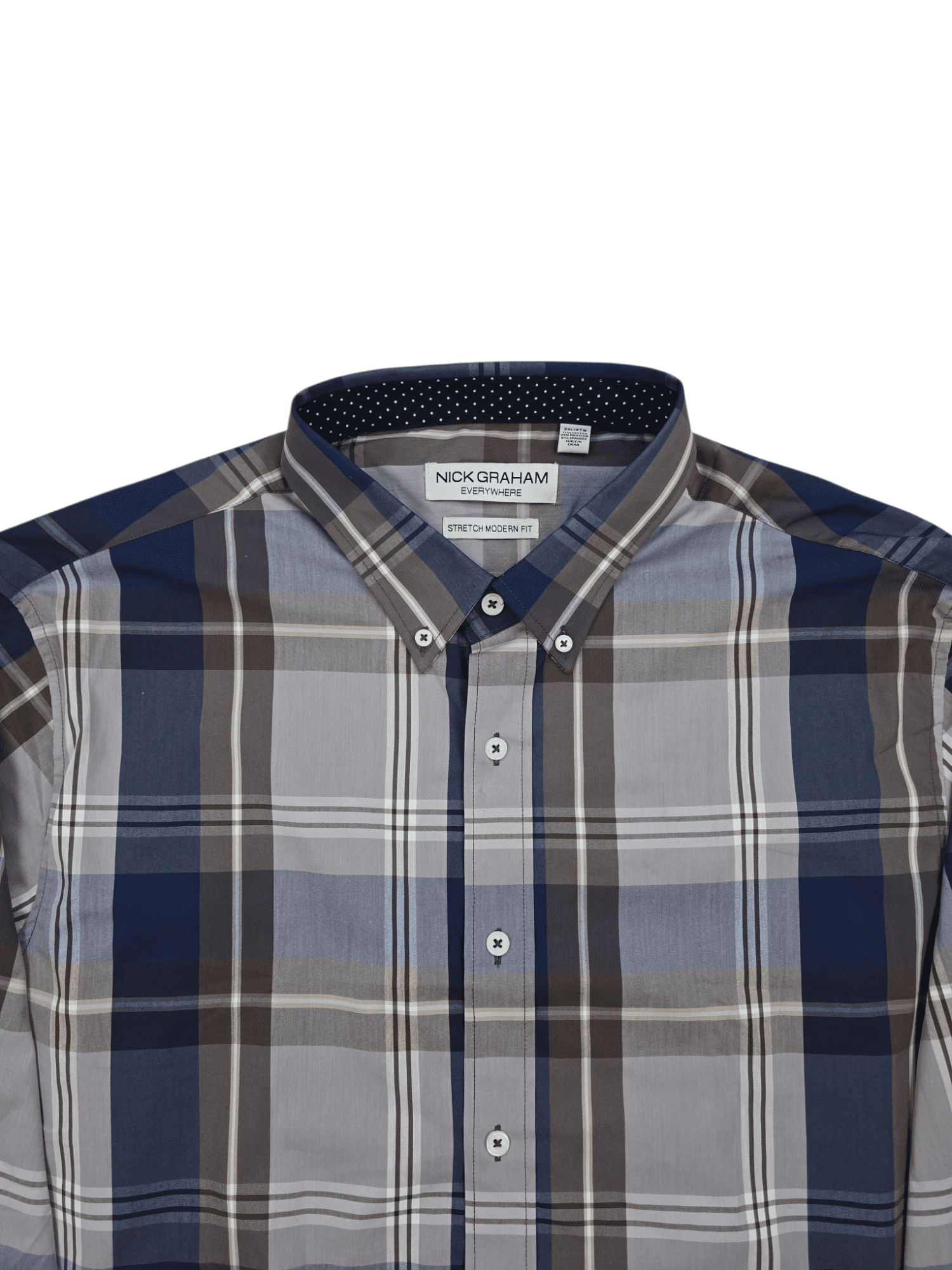 Close-up of Nick Graham “Everywhere Stretch” navy and brown plaid shirt showing collar, buttons, and fabric weave.