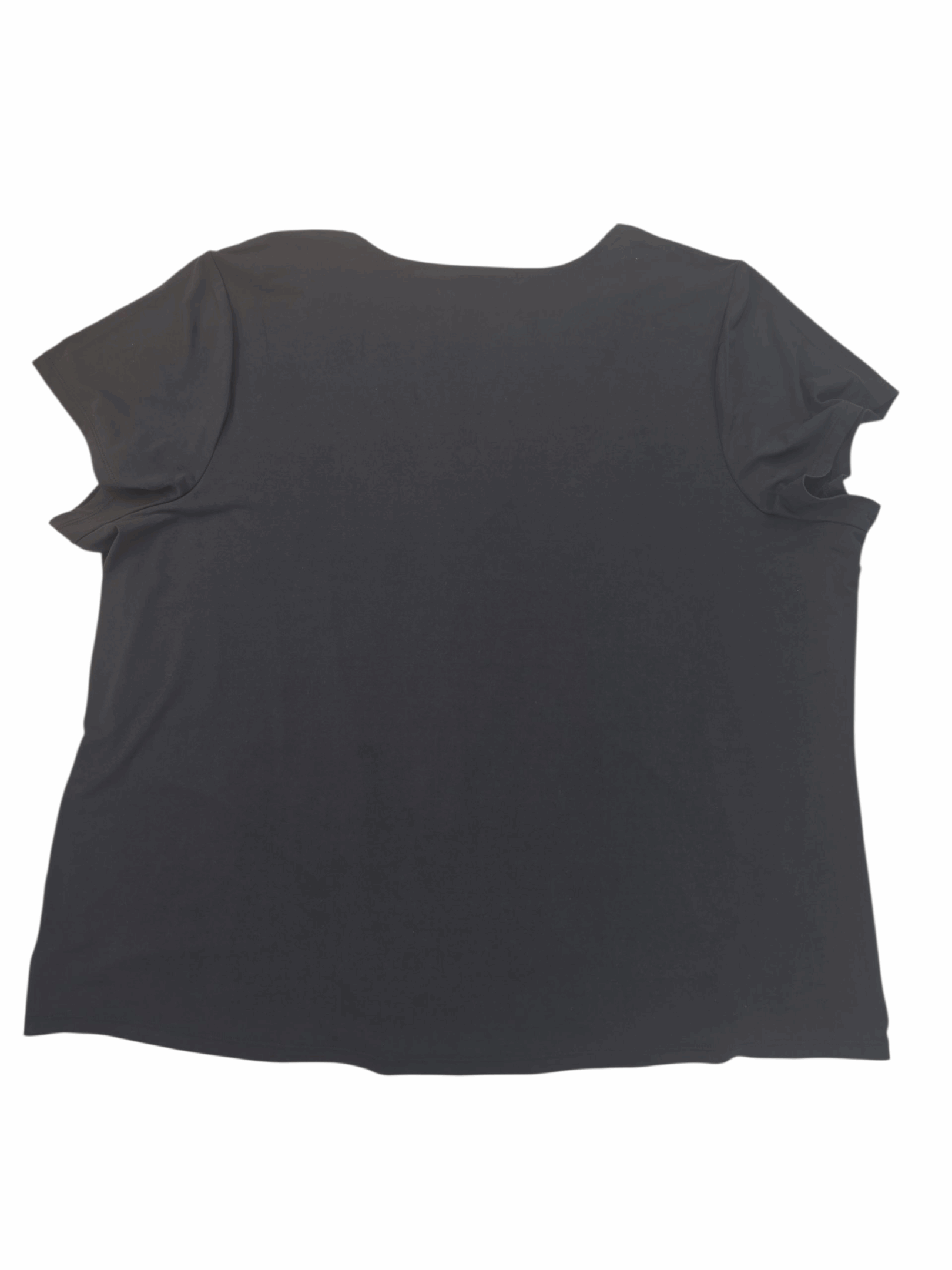 A plain black short-sleeve t-shirt laid out flat.