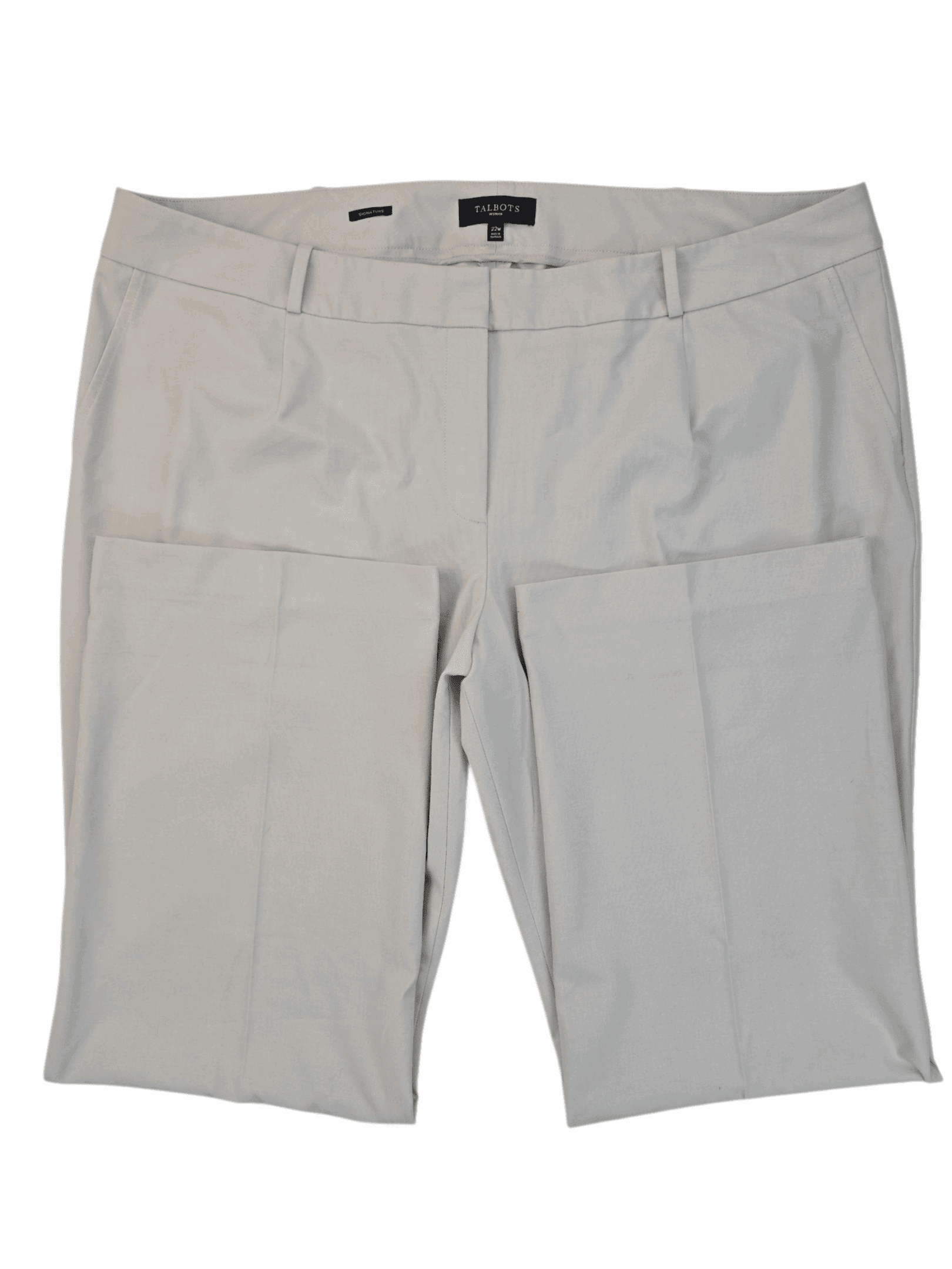 Light beige dress pants with front pleats and belt loops.