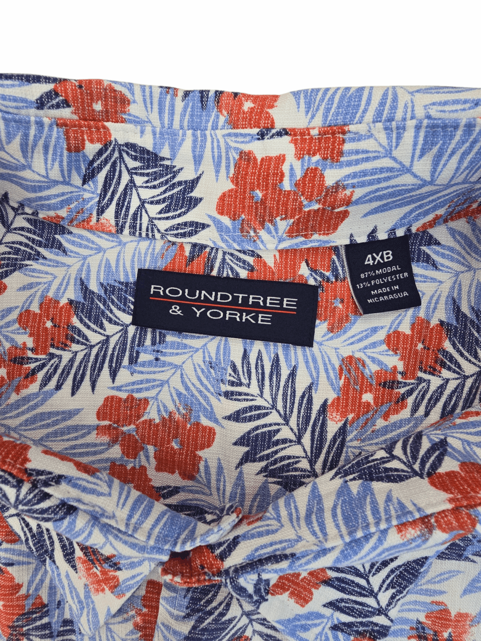 Close-up of a blue and orange floral patterned shirt collar with brand label.