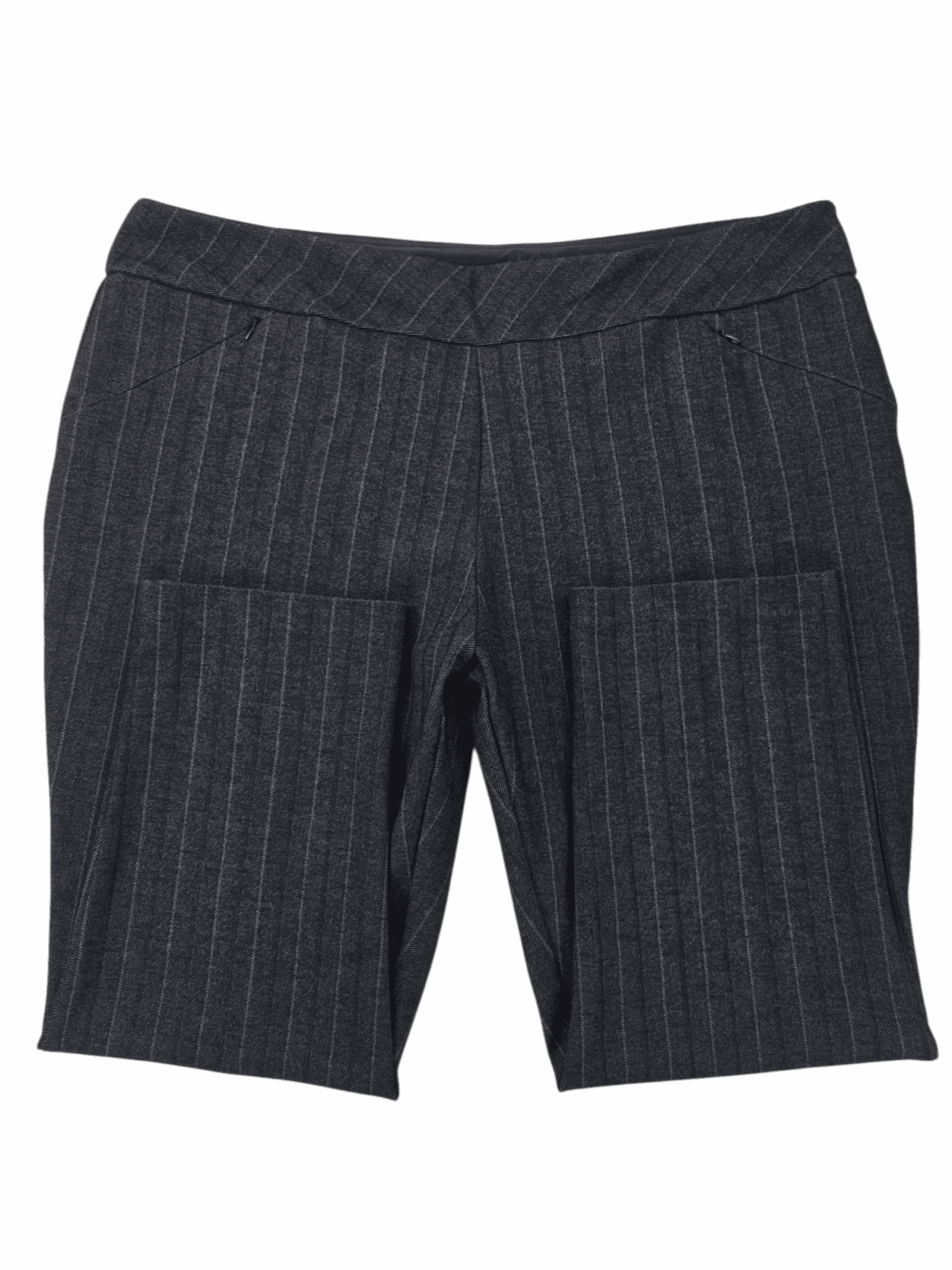Pair of dark pinstriped pants with front pockets.