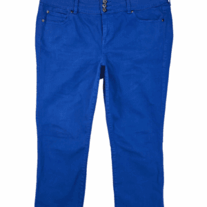 A pair of bright blue jeans laid flat on a white background.