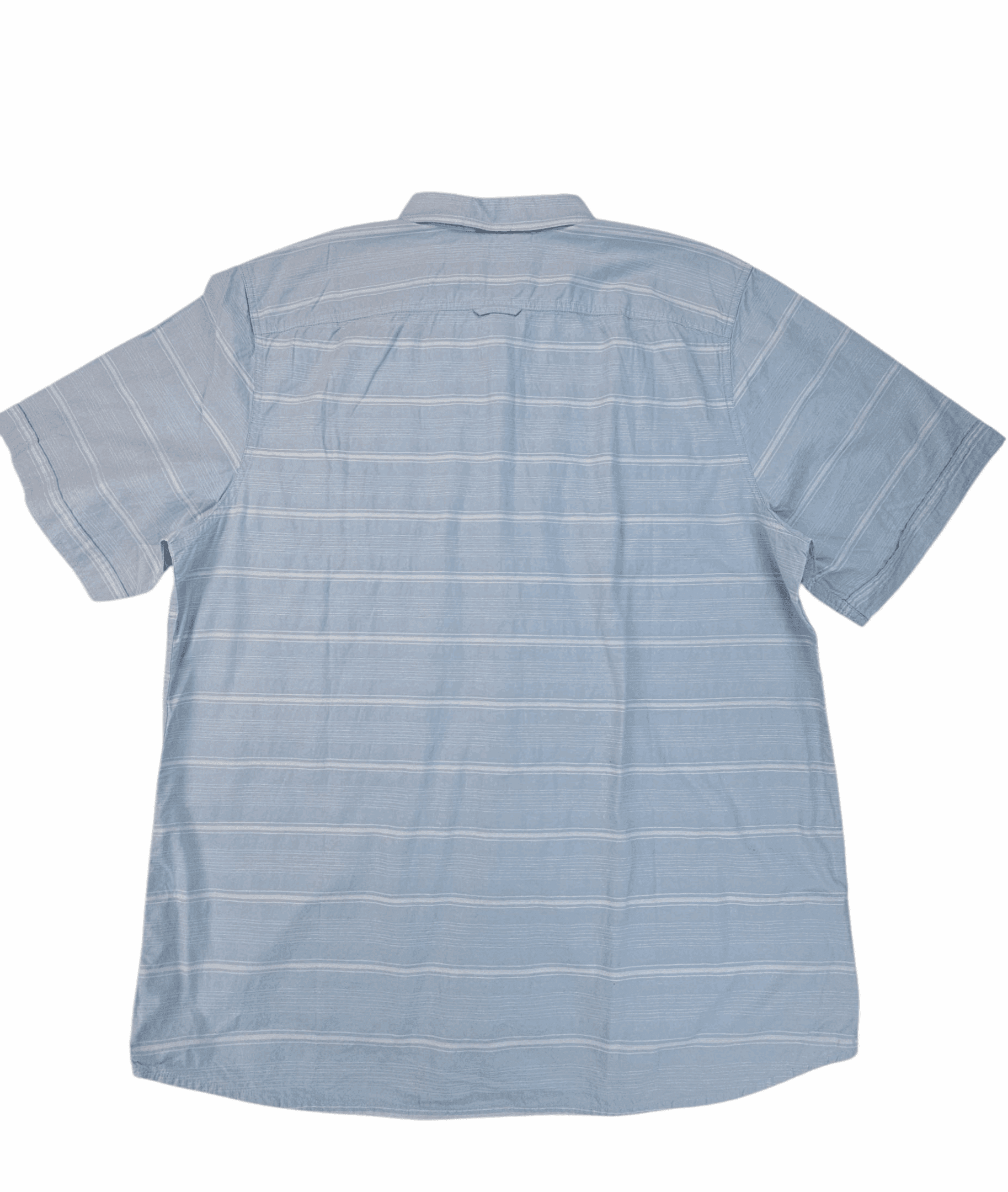 Light blue short-sleeve polo shirt with white horizontal stripes.