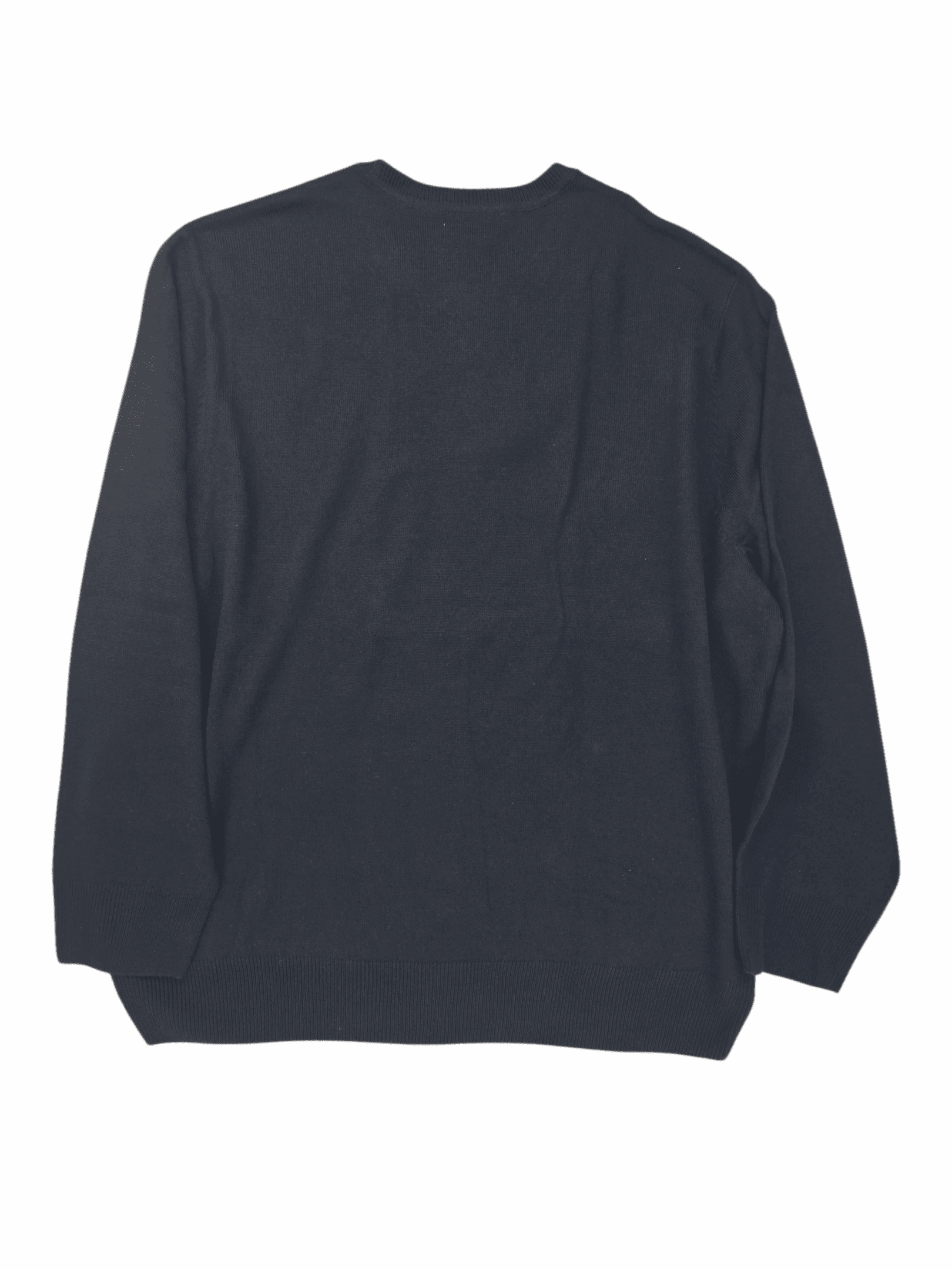 Back view of Dockers navy argyle crew neck sweater showing smooth knit fabric and ribbed hem.