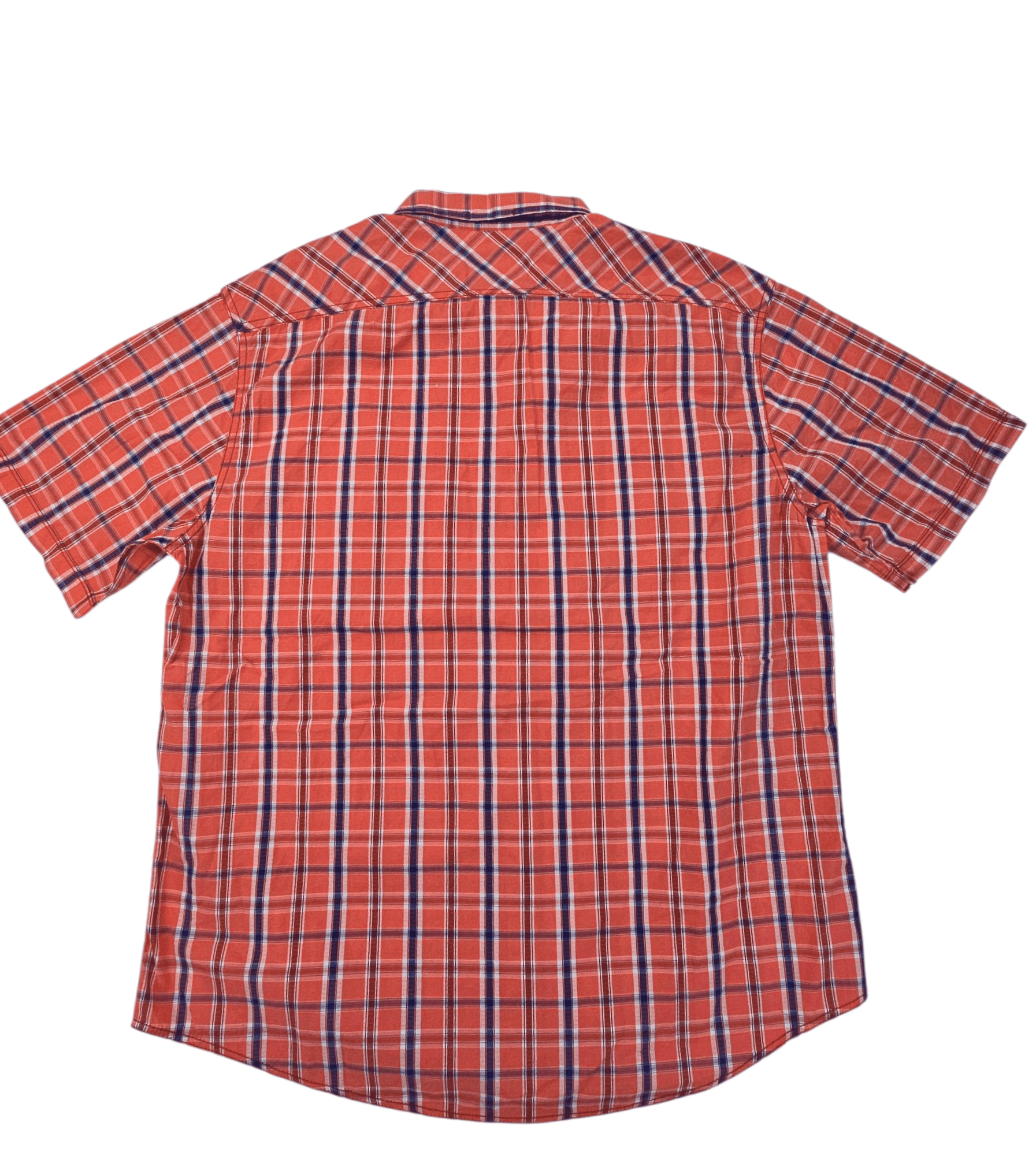 Red and blue plaid short-sleeve shirt laid flat.