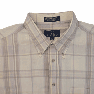 Beige plaid button-up shirt with collar and front buttons.