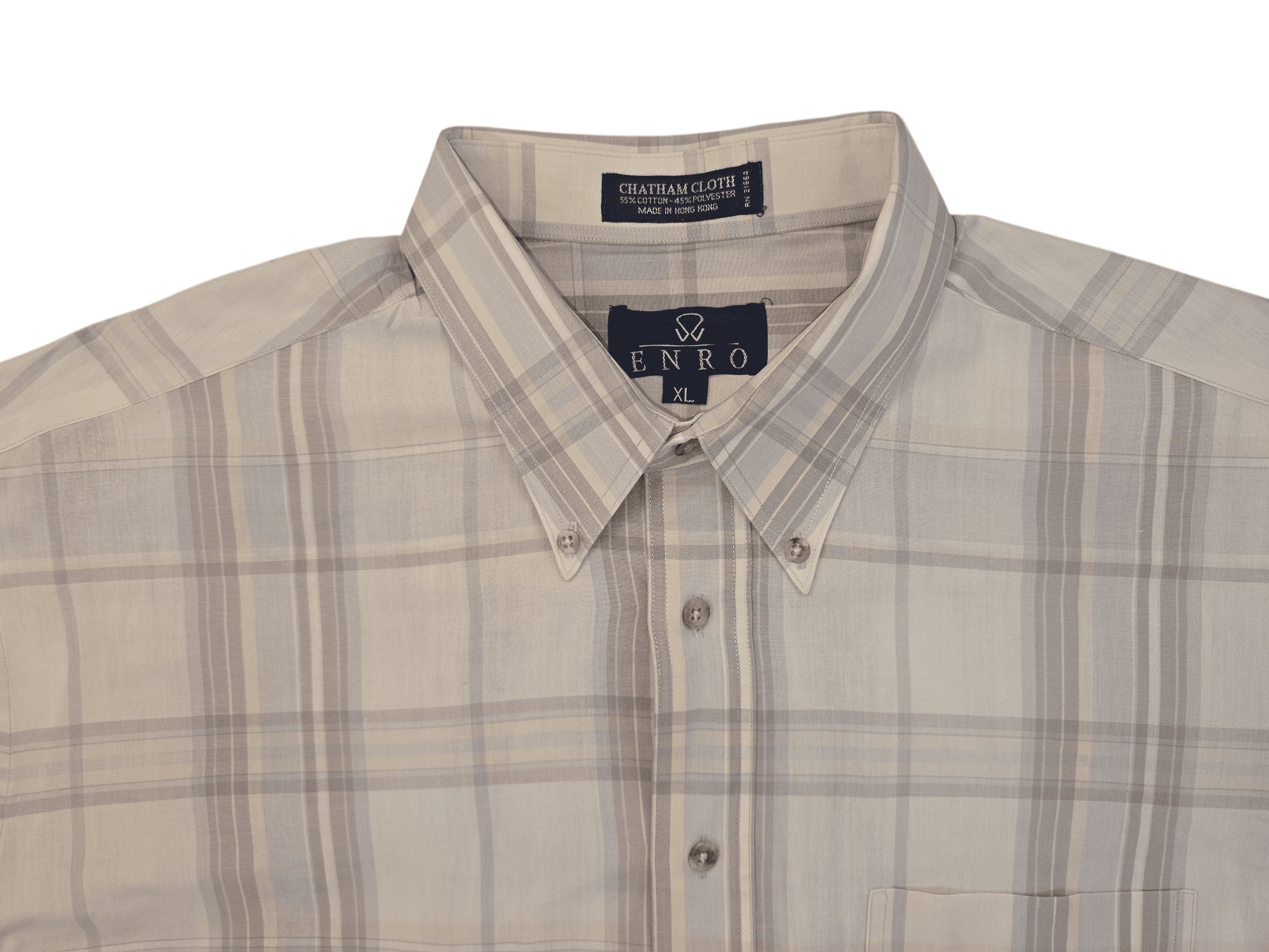 Beige plaid button-up shirt with collar and front buttons.