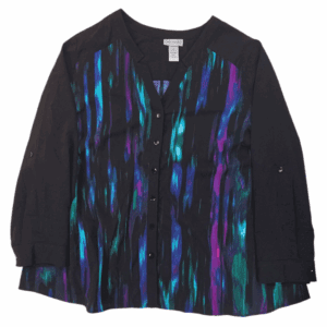 Black long-sleeve shirt with vibrant blue and purple vertical stripes.