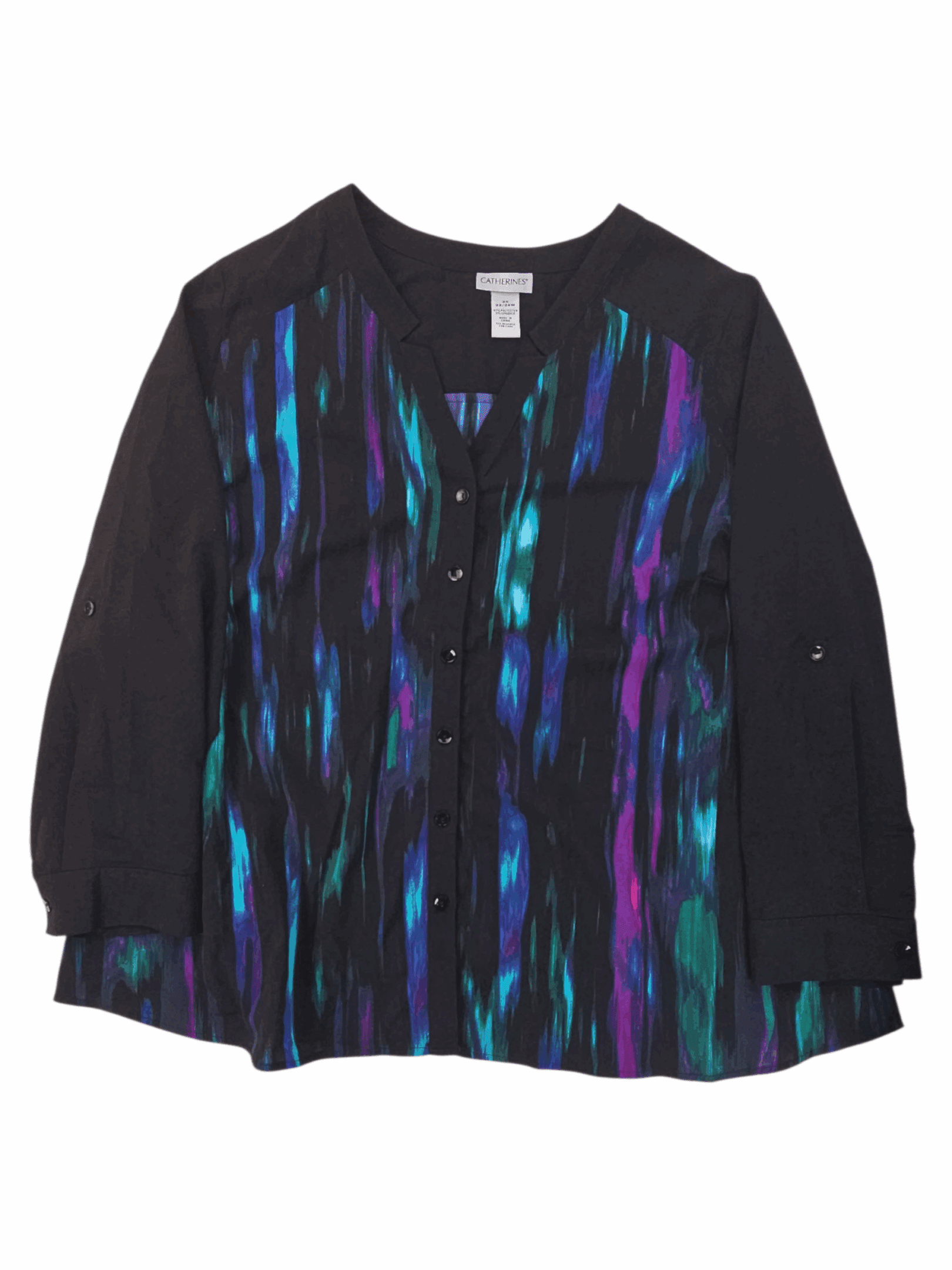 Black long-sleeve shirt with vibrant blue and purple vertical stripes.
