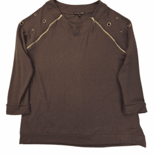 Brown long-sleeve shirt with zipper details on shoulders.
