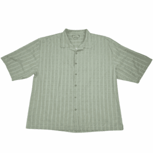 Front view of Pusser’s Island Reserve tonal green checked silk cotton shirt in men’s size 2X showing collar, front buttons, and soft tonal check pattern.