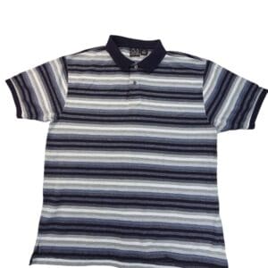 Striped navy and white short-sleeve polo shirt.