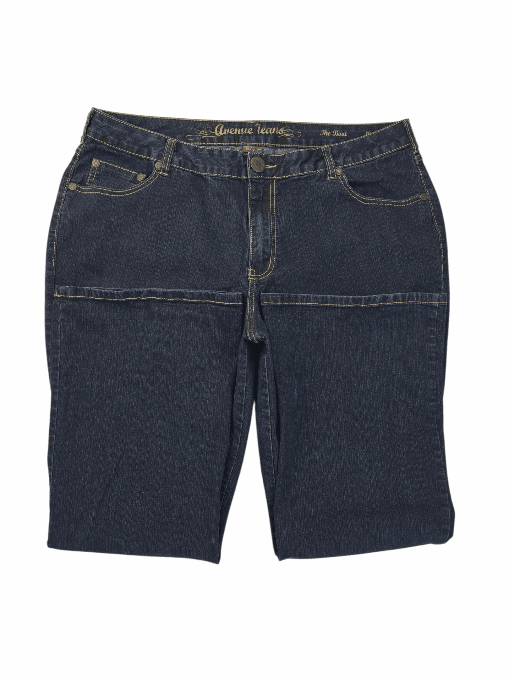 Close-up of Avenue Jeans The Boot blue denim front showing button, zipper, and pocket detail.