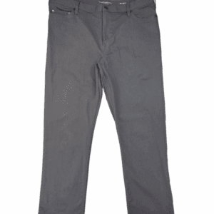 A pair of gray pants laid flat on a white background.