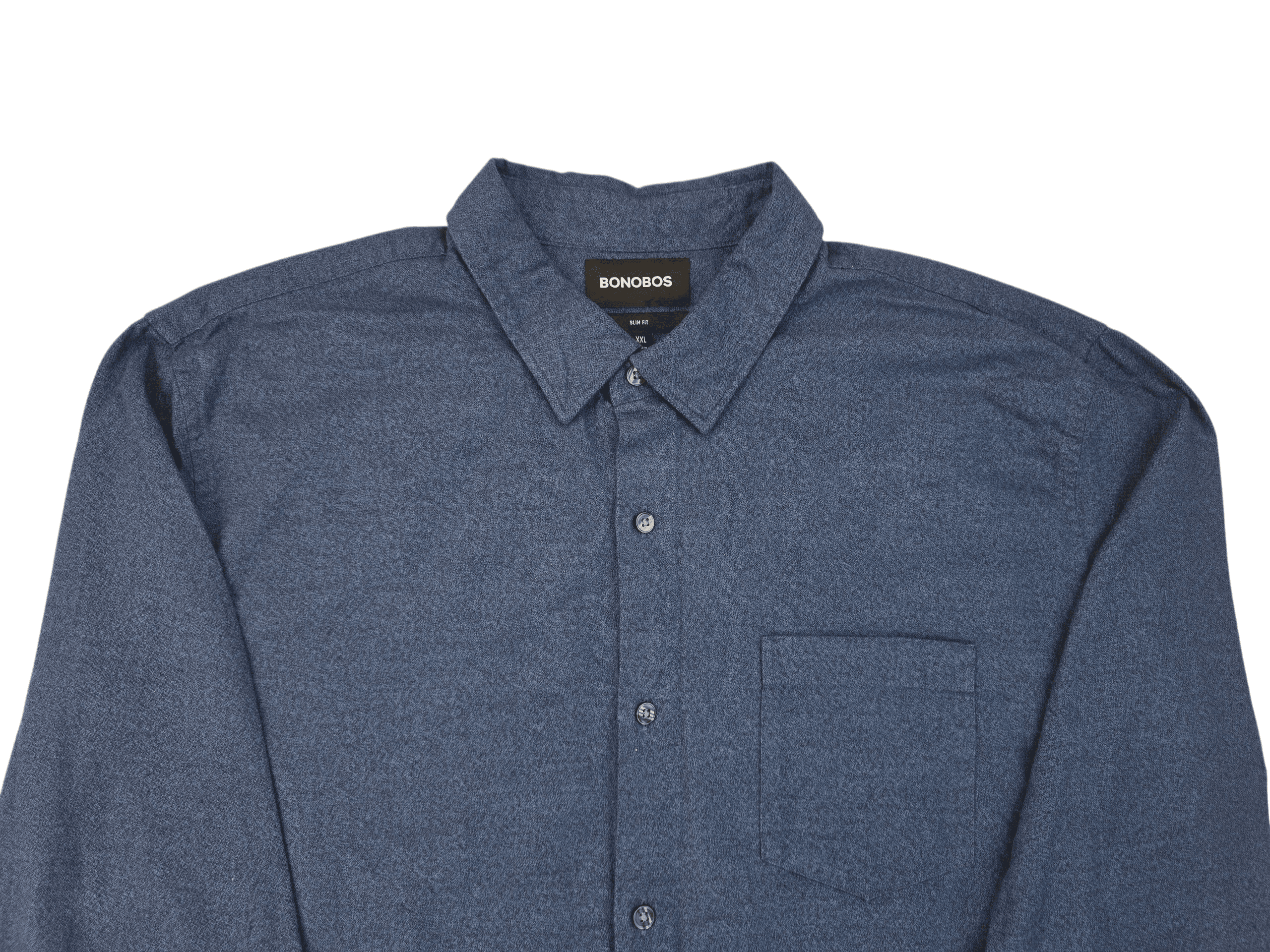 Blue button-up shirt with collar and pocket.