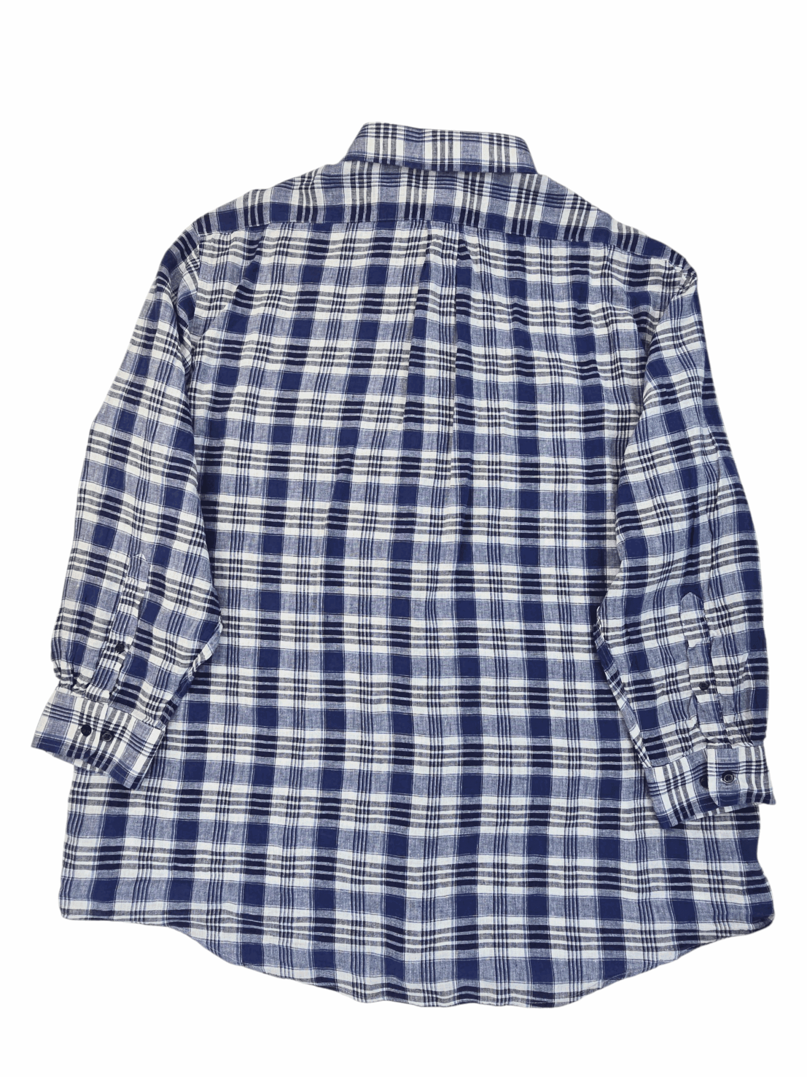 Blue and white checkered long-sleeve shirt.