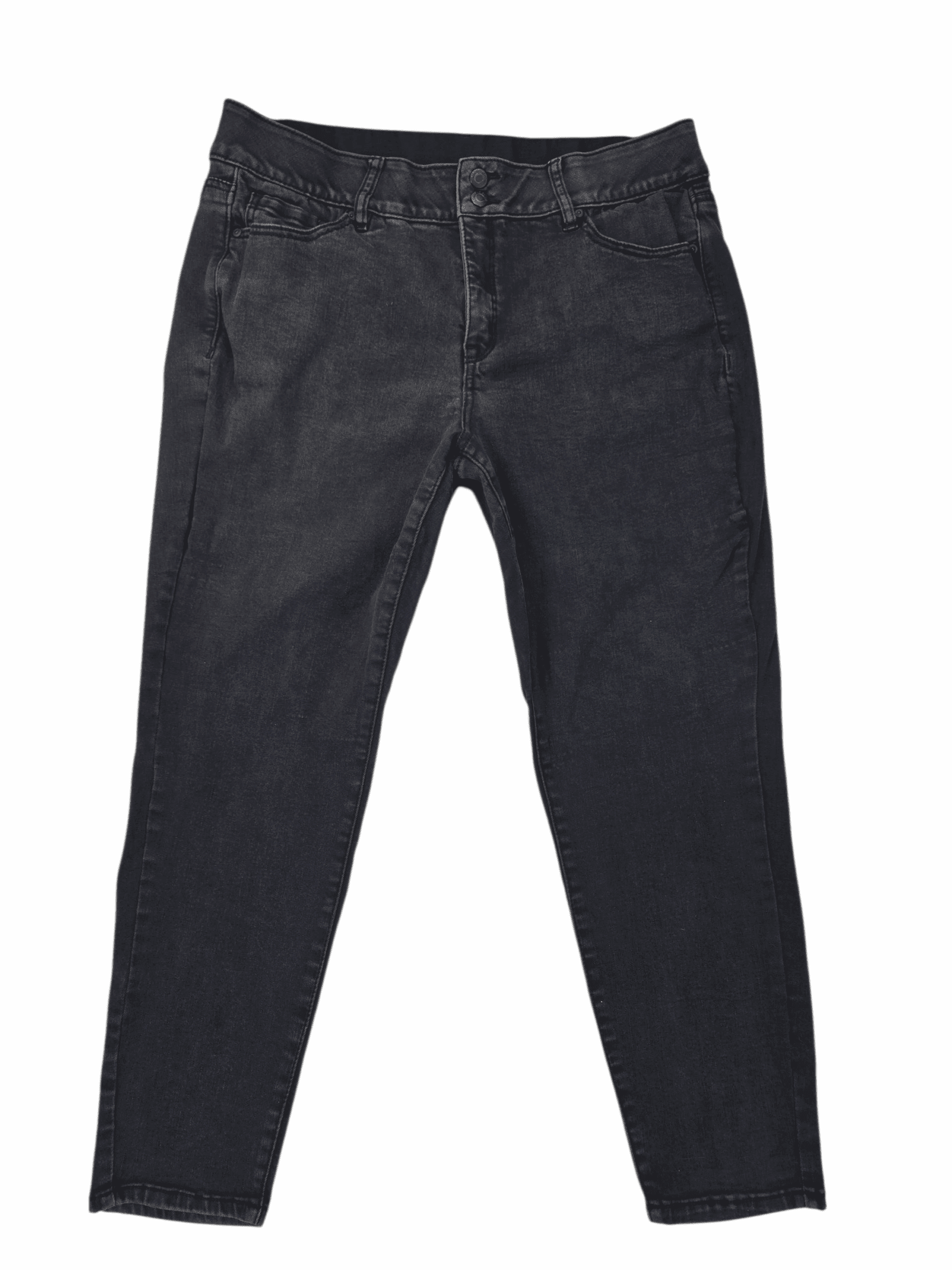 Front view of Lane Bryant black denim ankle pants with T3 Tighter Tummy Technology in women’s size 20 showing mid-rise fit and smooth front panel.