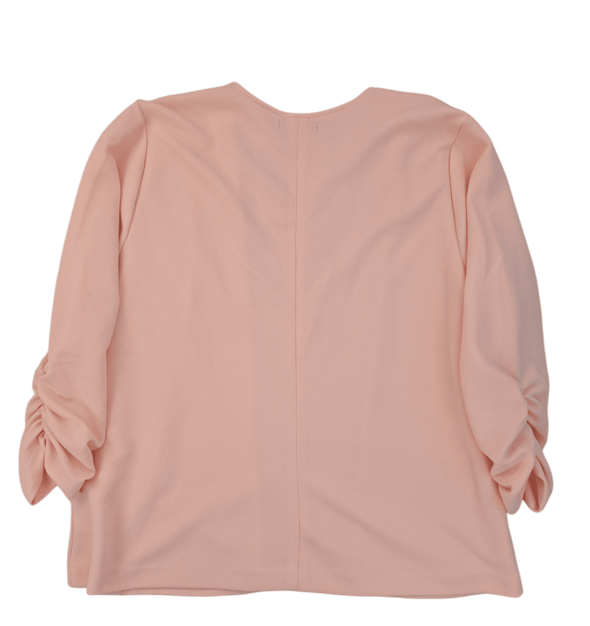 Light pink blouse with ruched 3/4 sleeves.