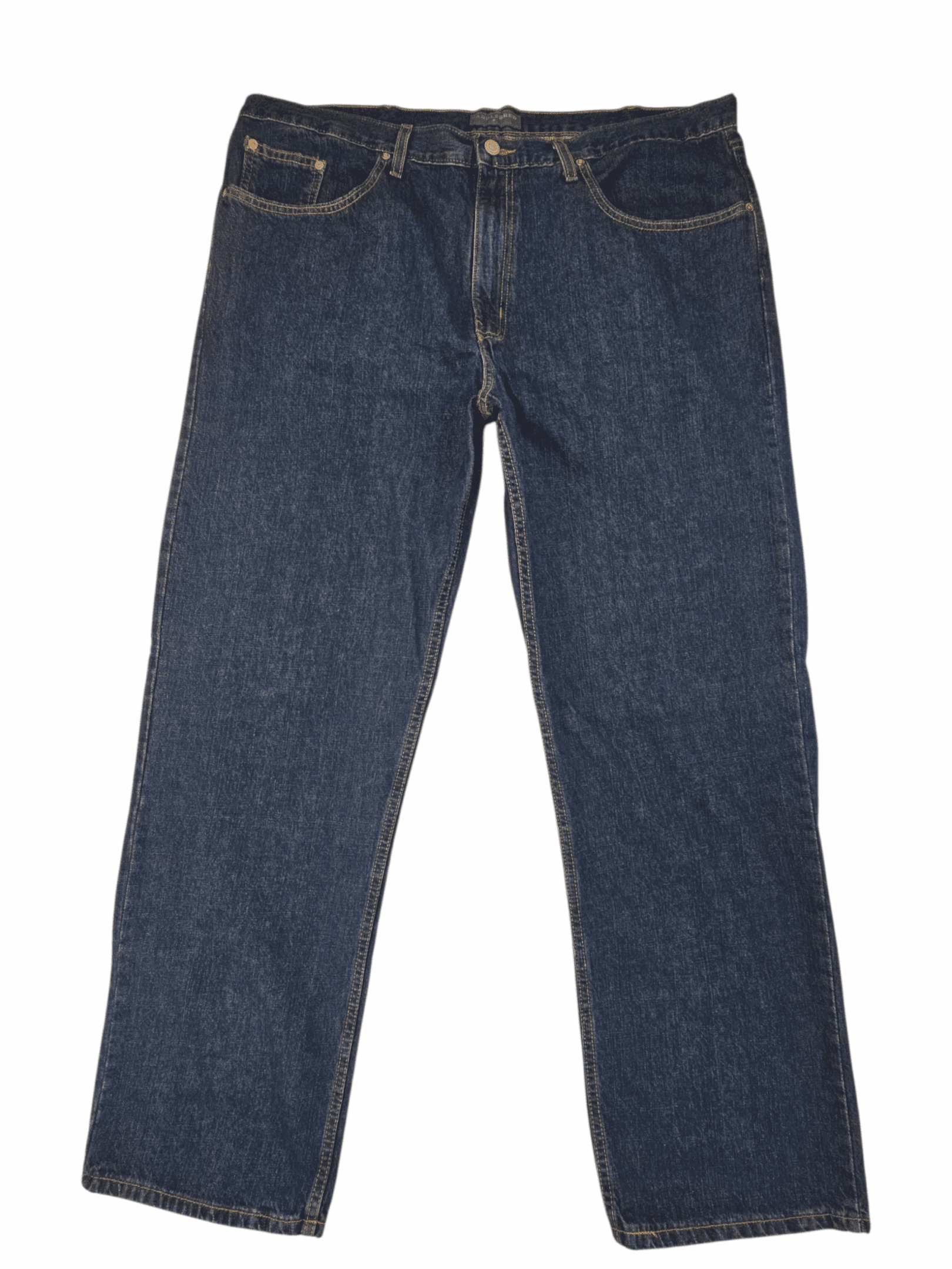 A pair of classic blue denim jeans isolated on white.