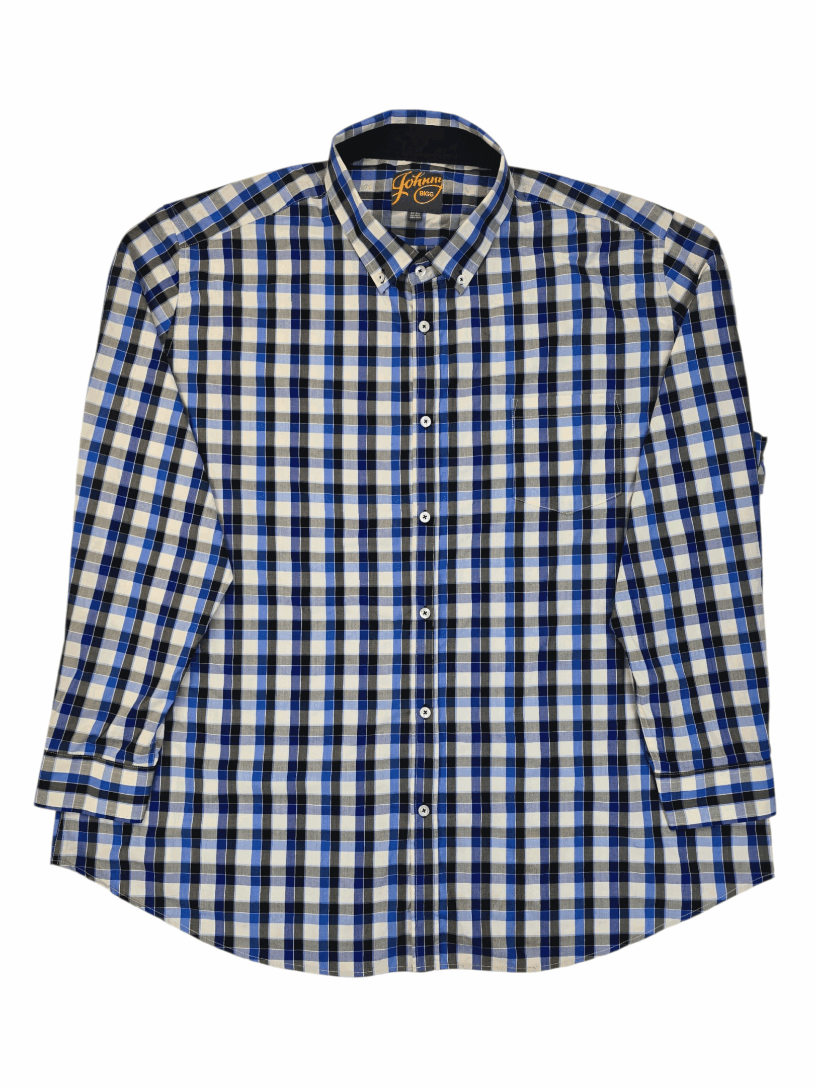 Blue and white checkered button-up shirt with long sleeves.