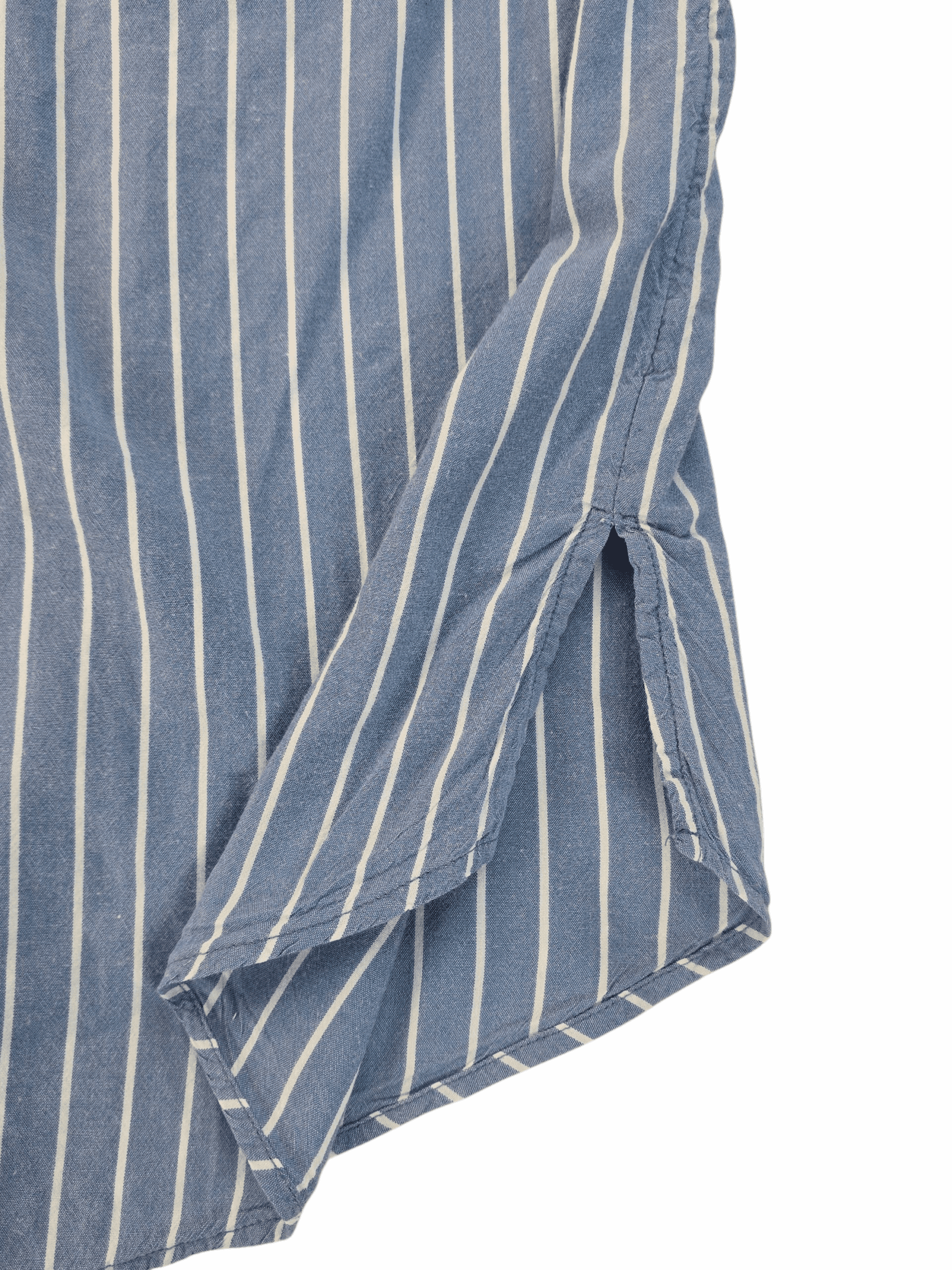 Close-up of a blue and white striped fabric with a side slit detail.