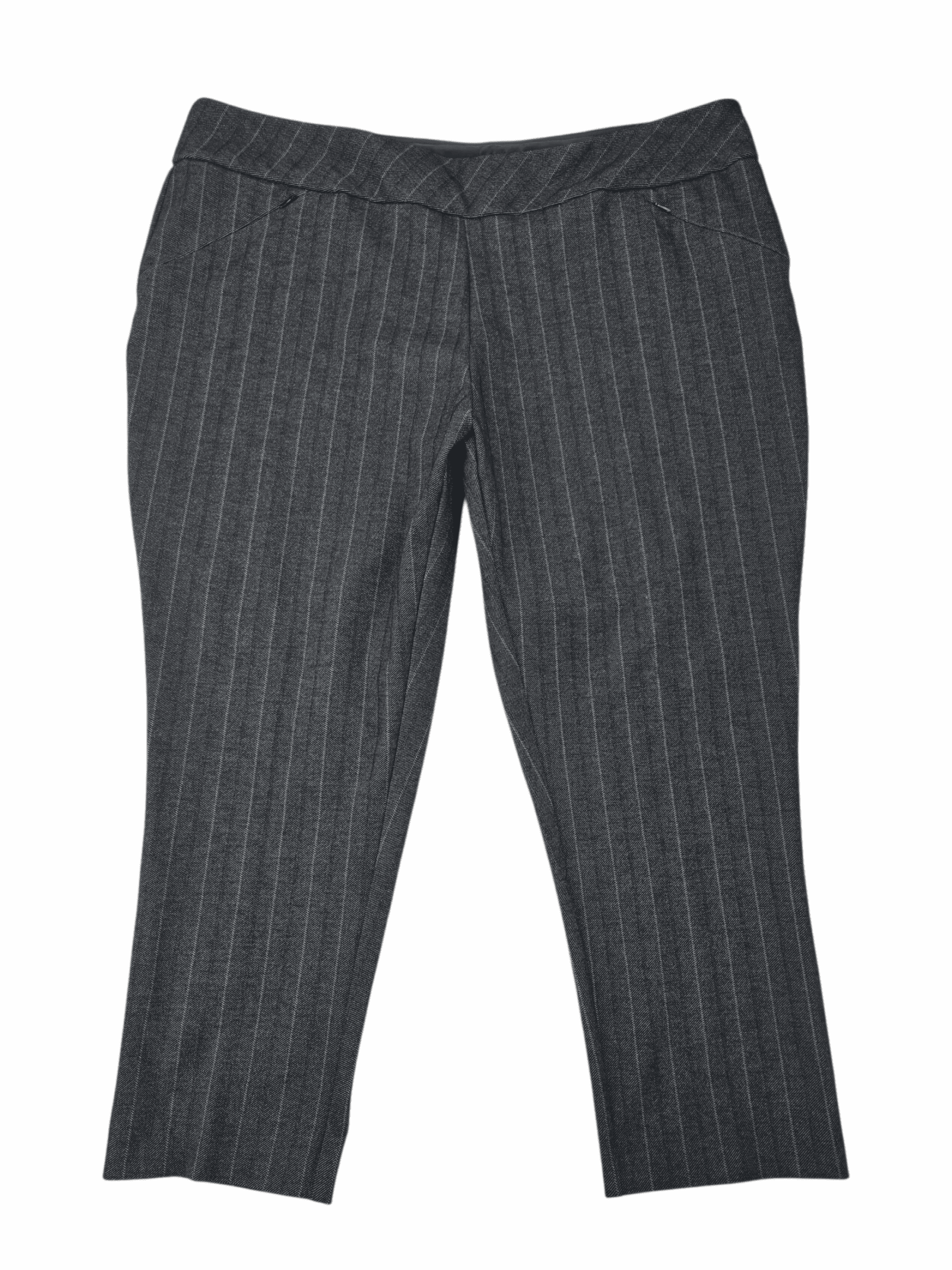 Pair of dark gray pinstriped pants with a straight-leg fit.