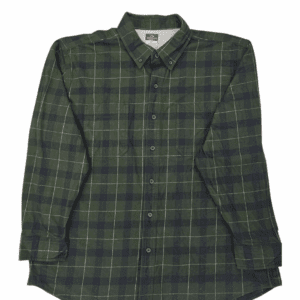 Green and black plaid button-up shirt with long sleeves.