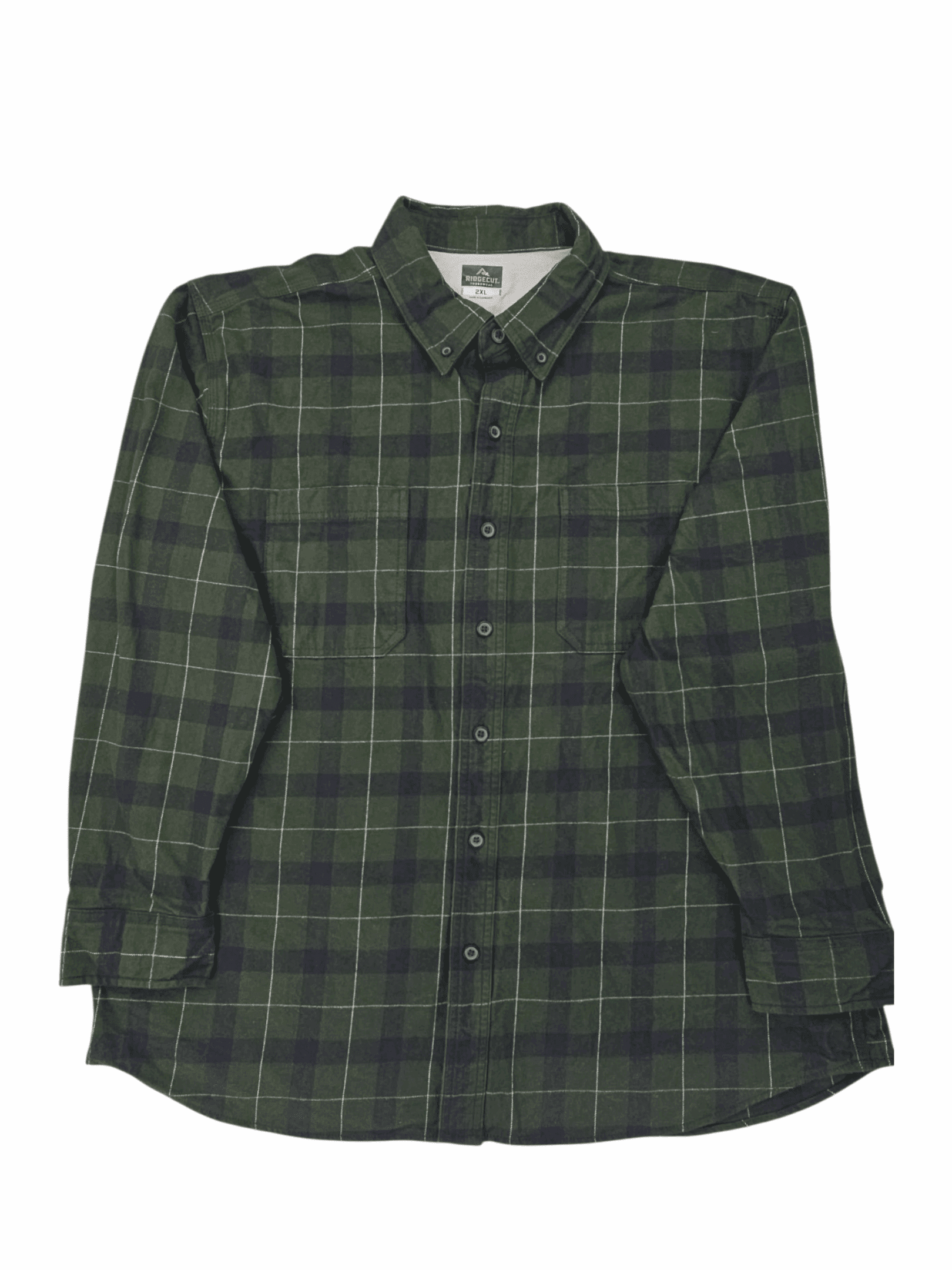 Green and black plaid button-up shirt with long sleeves.