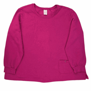 Front view of Blair pink pullover crewneck sweatshirt in women’s size 3XL showing long sleeves and relaxed fit.