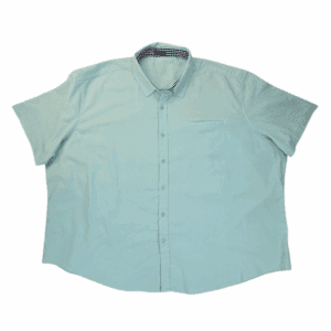Front view of Coofandy mint green linen blend short sleeve button-up shirt in men’s big & tall size 4X showing collar, button placket, and chest pocket.