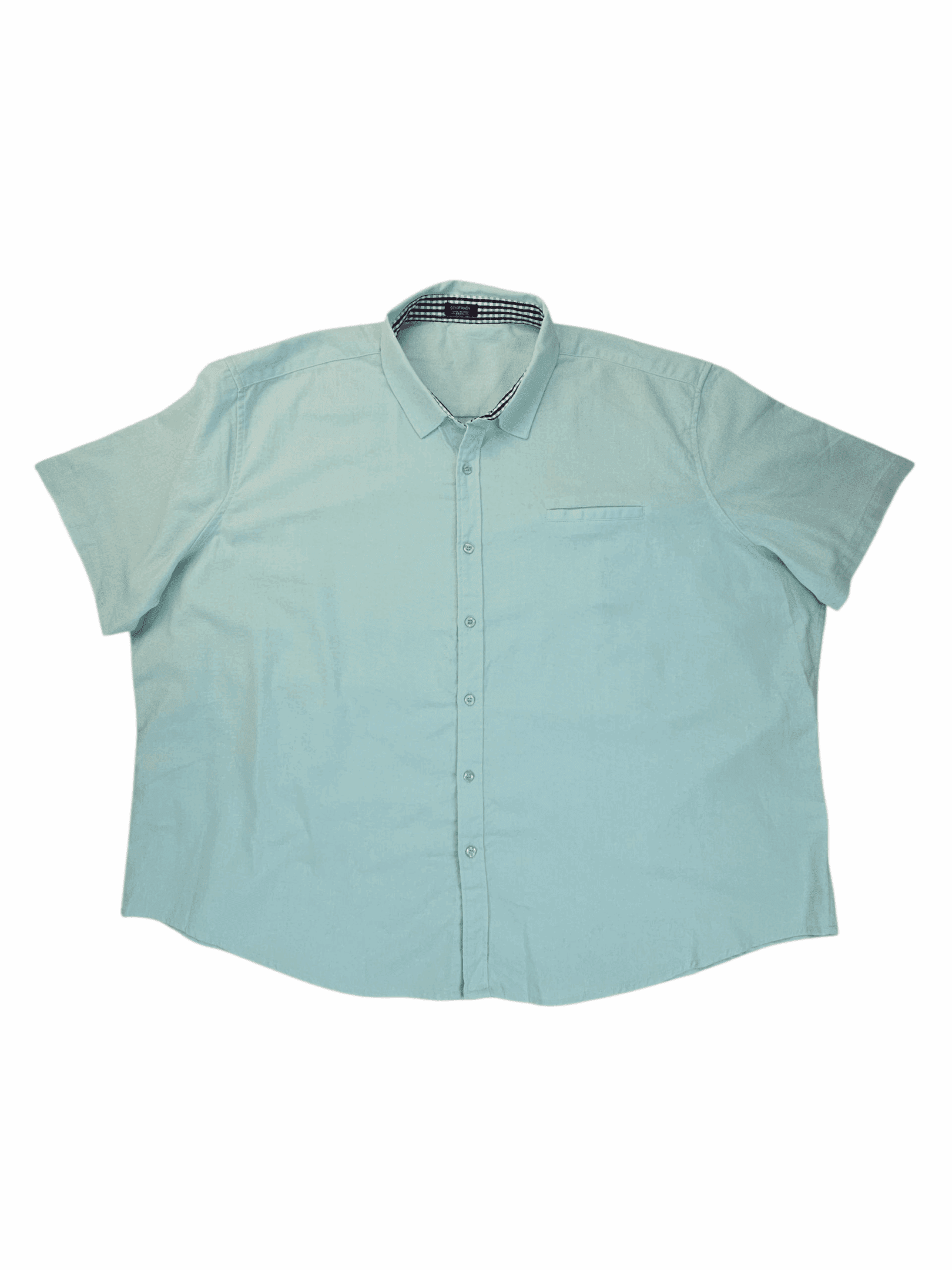 Front view of Coofandy mint green linen blend short sleeve button-up shirt in men’s big & tall size 4X showing collar, button placket, and chest pocket.