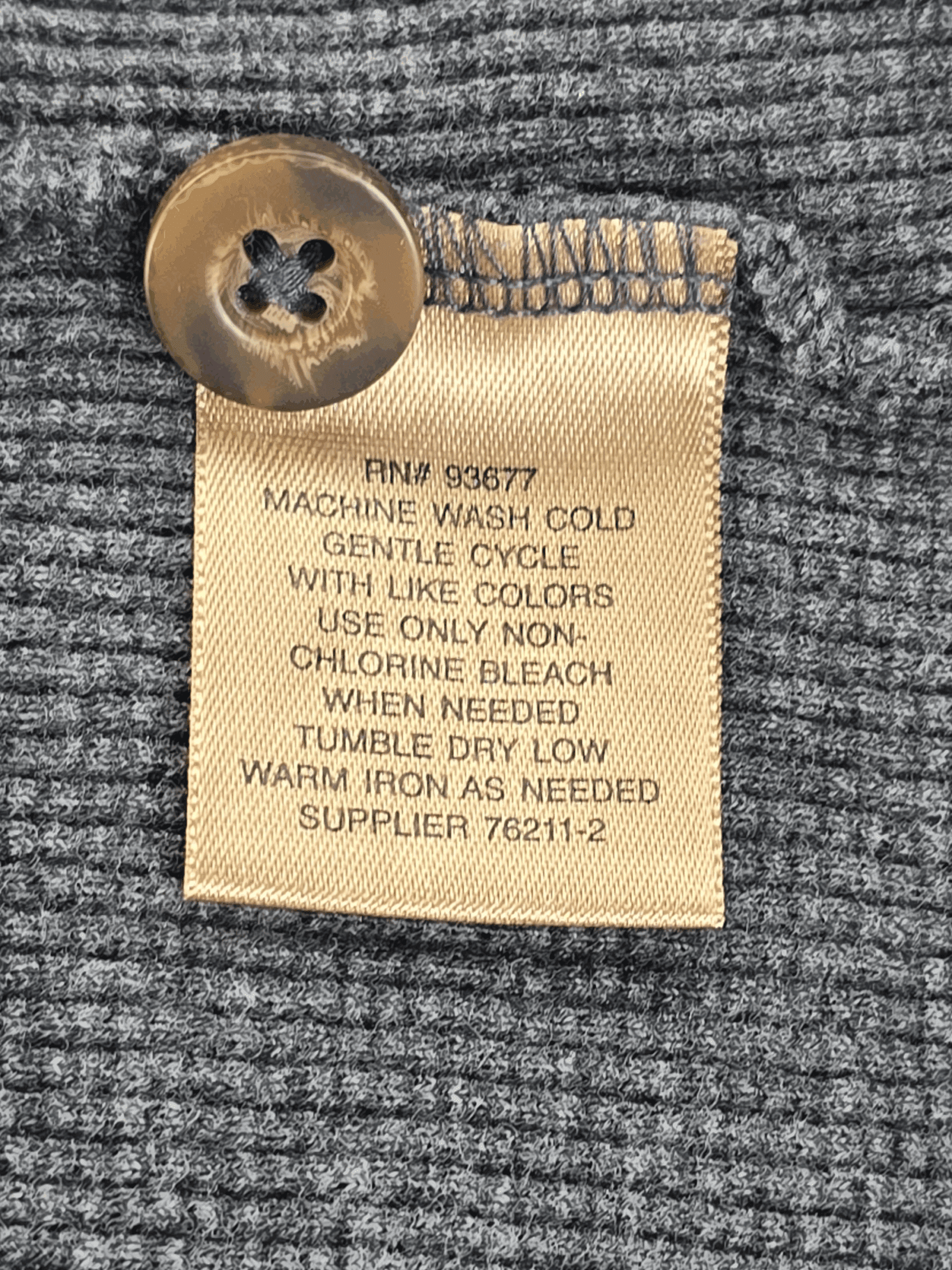 Garment care instruction tag from The Foundry gray waffle knit Henley shirt size XLT