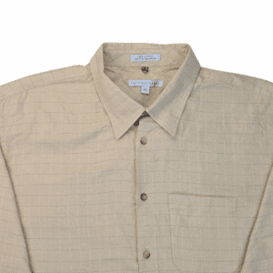 Close-up of Geoffrey Beene yellow striped button-up shirt showing collar, buttons, and fabric pattern.