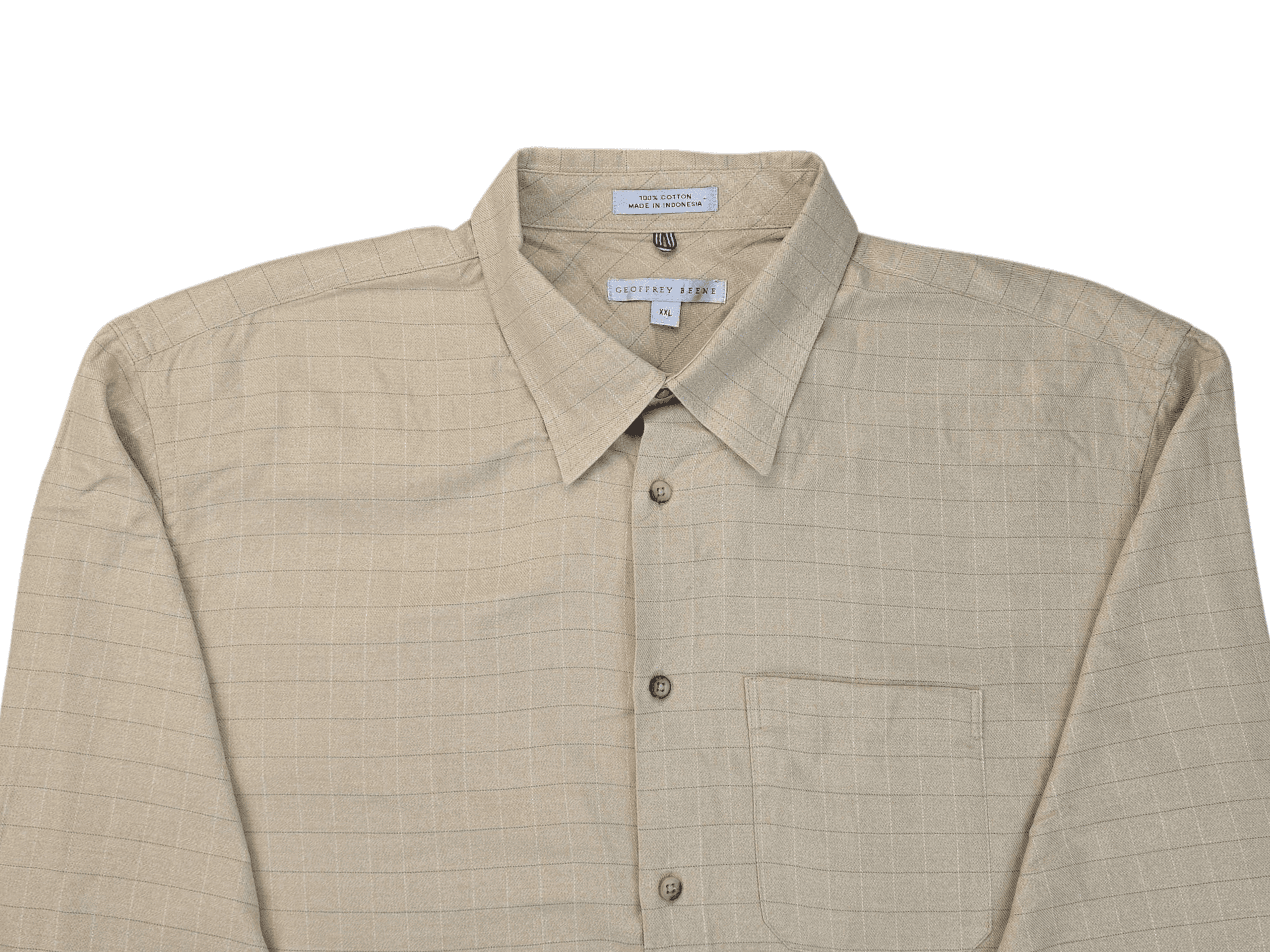 Close-up of Geoffrey Beene yellow striped button-up shirt showing collar, buttons, and fabric pattern.