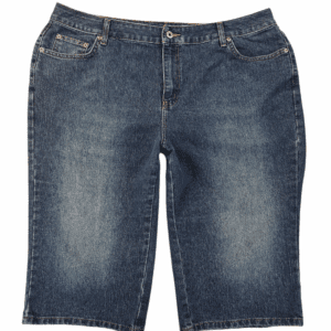 A pair of blue denim shorts with a classic five-pocket design.