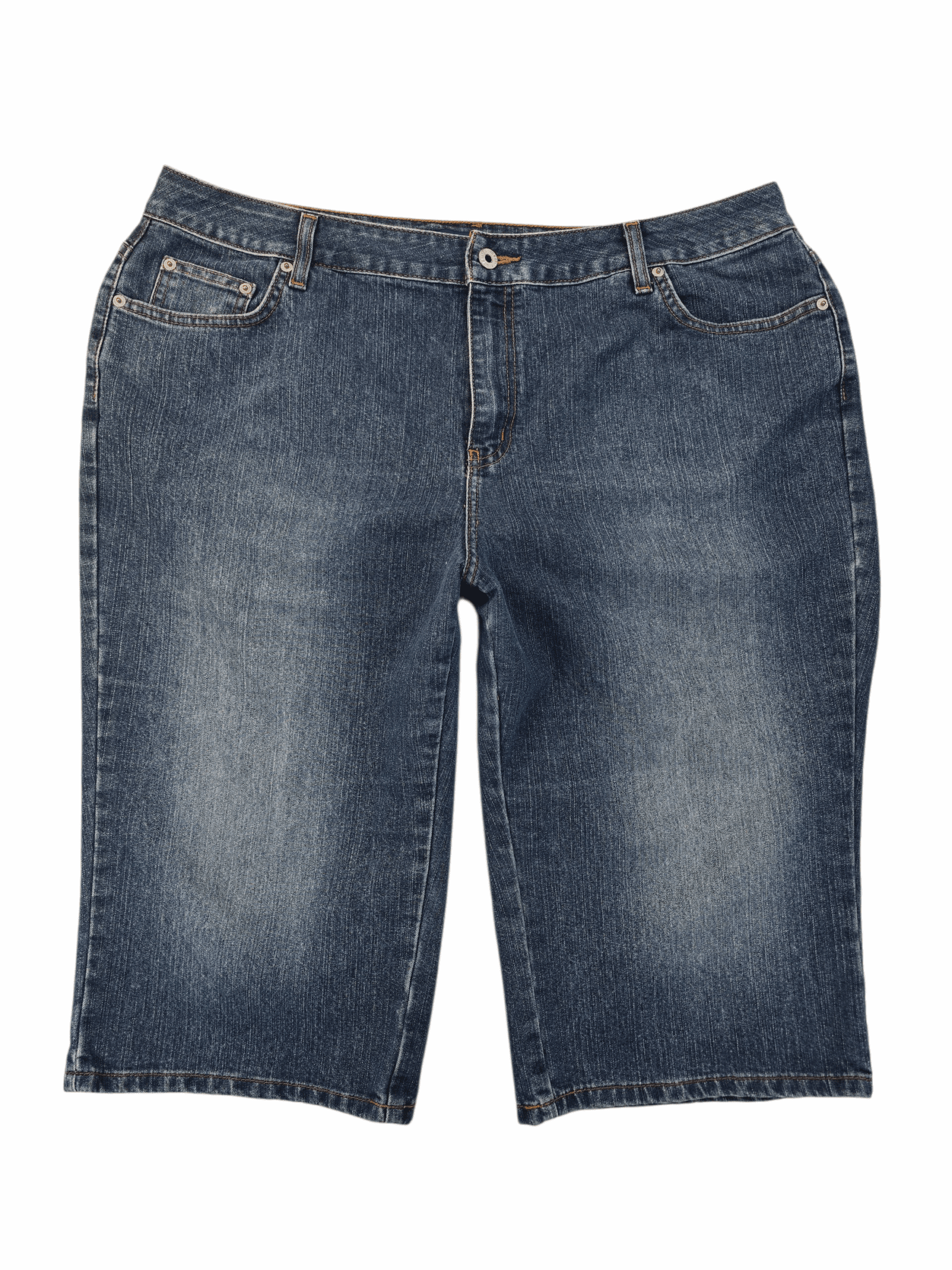 A pair of blue denim shorts with a classic five-pocket design.