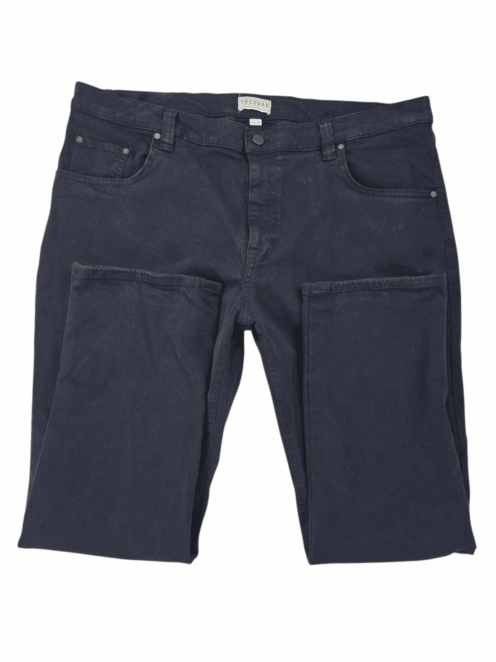 Close-up of denim texture, stitching, and pocket detail on Tecovas navy blue comfort jeans men’s size 40x30