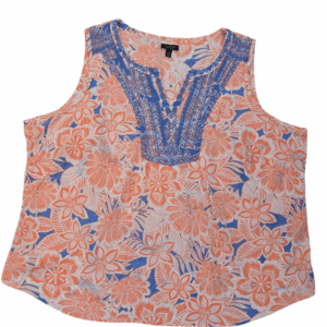 Sleeveless floral blouse with blue embroidered neckline detail.
