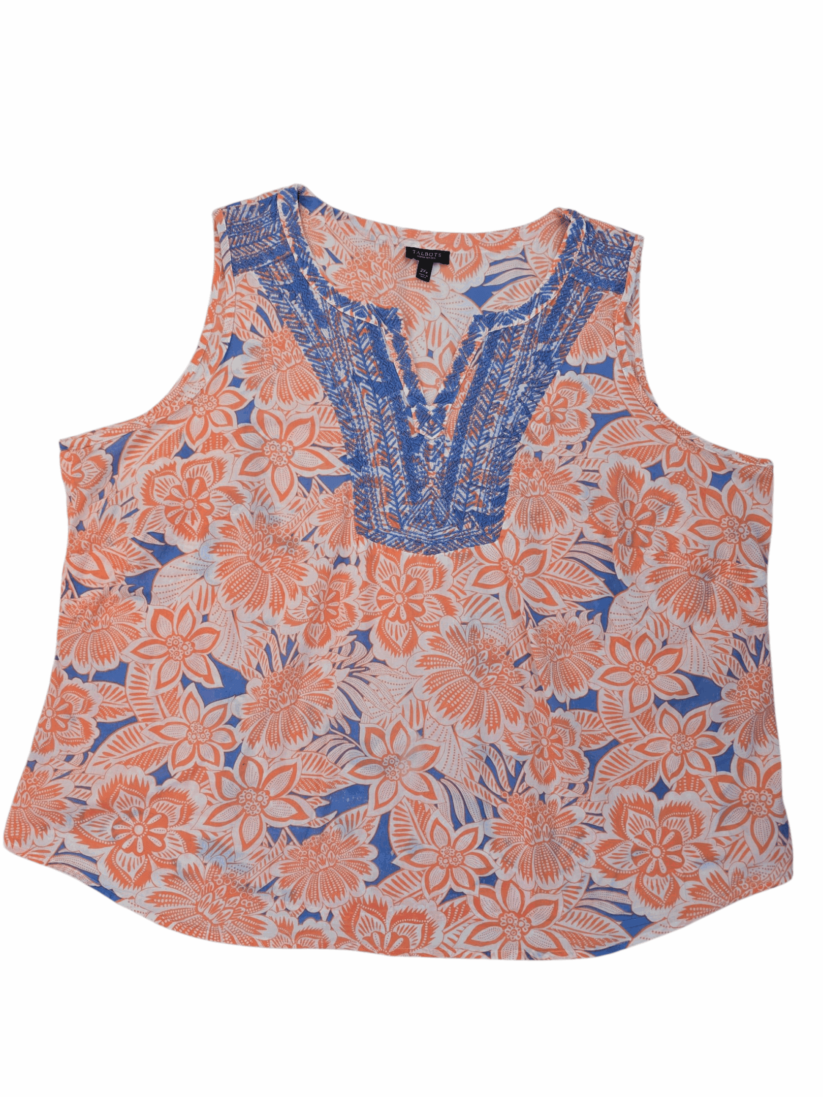 Sleeveless floral blouse with blue embroidered neckline detail.