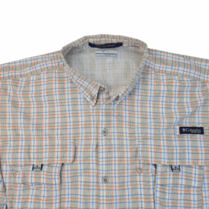 A beige and blue plaid button-up shirt with chest pockets and a collar.