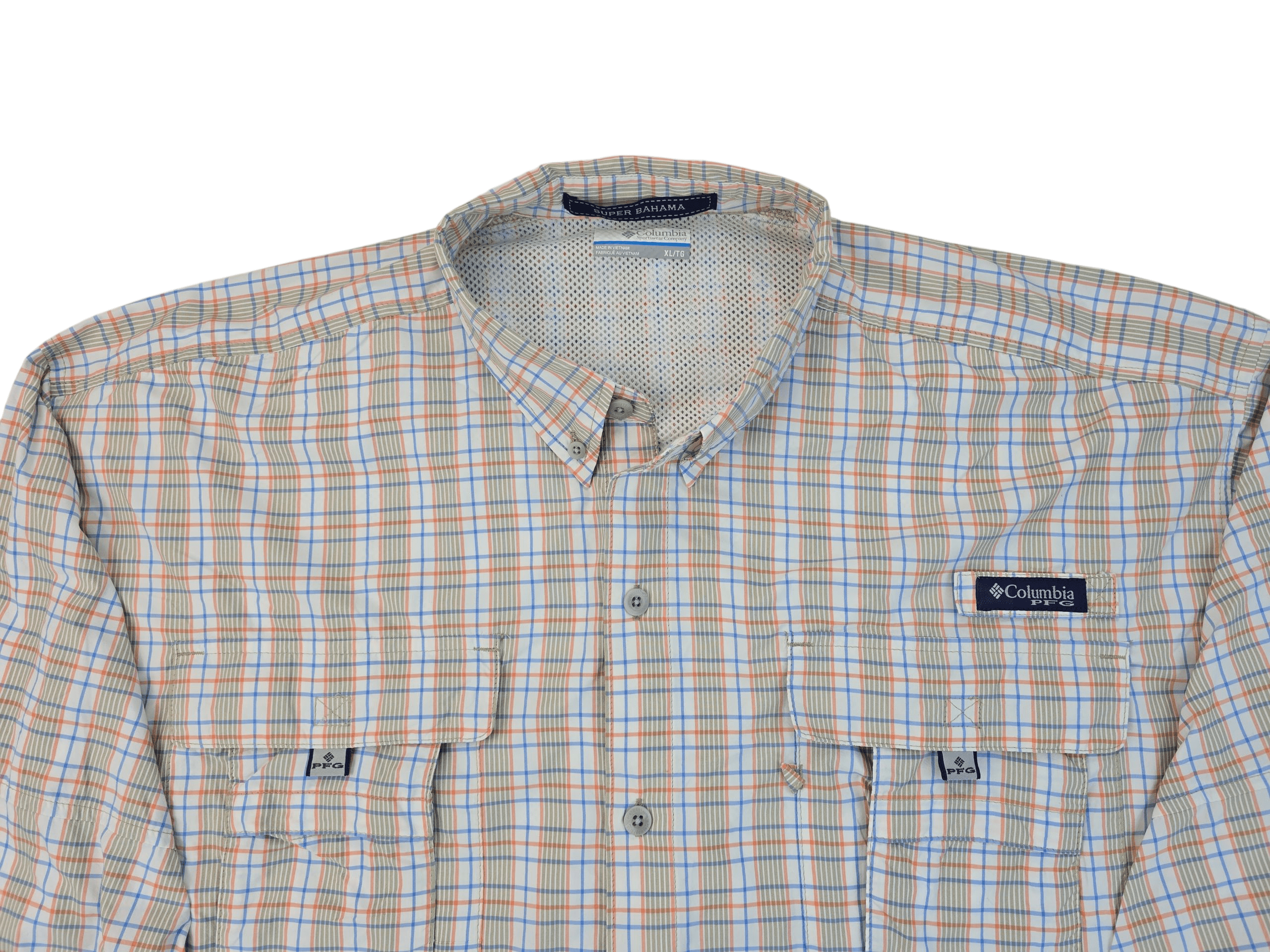 A beige and blue plaid button-up shirt with chest pockets and a collar.