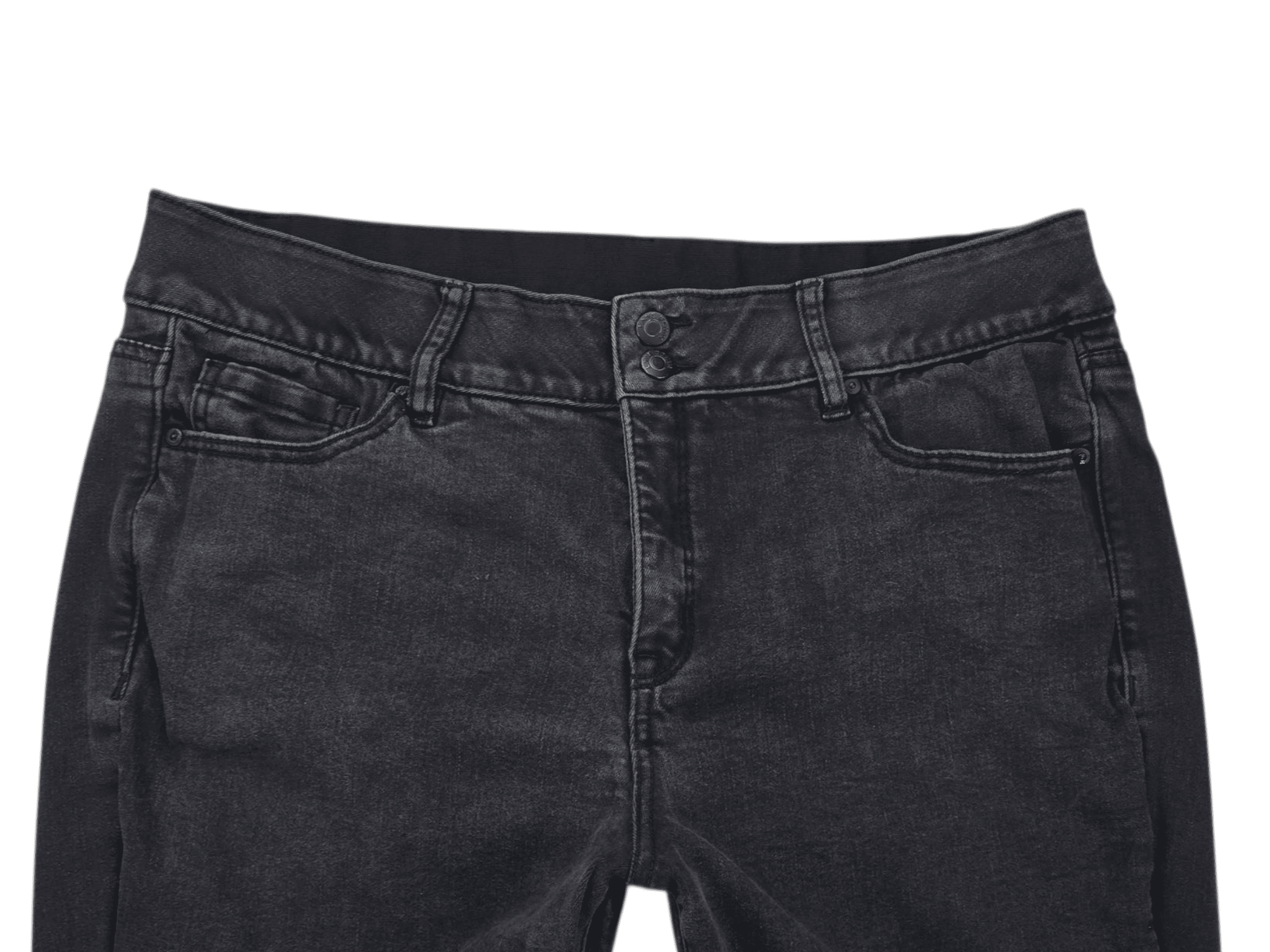Close-up of Lane Bryant black denim ankle pants front showing button, zipper, and reinforced stitching.
