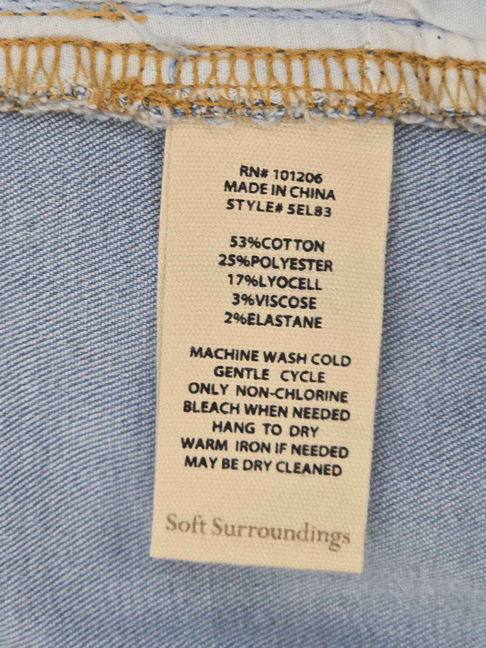 Fabric content tag from Soft Surroundings blue denim tummy control jeans women’s plus size 20W